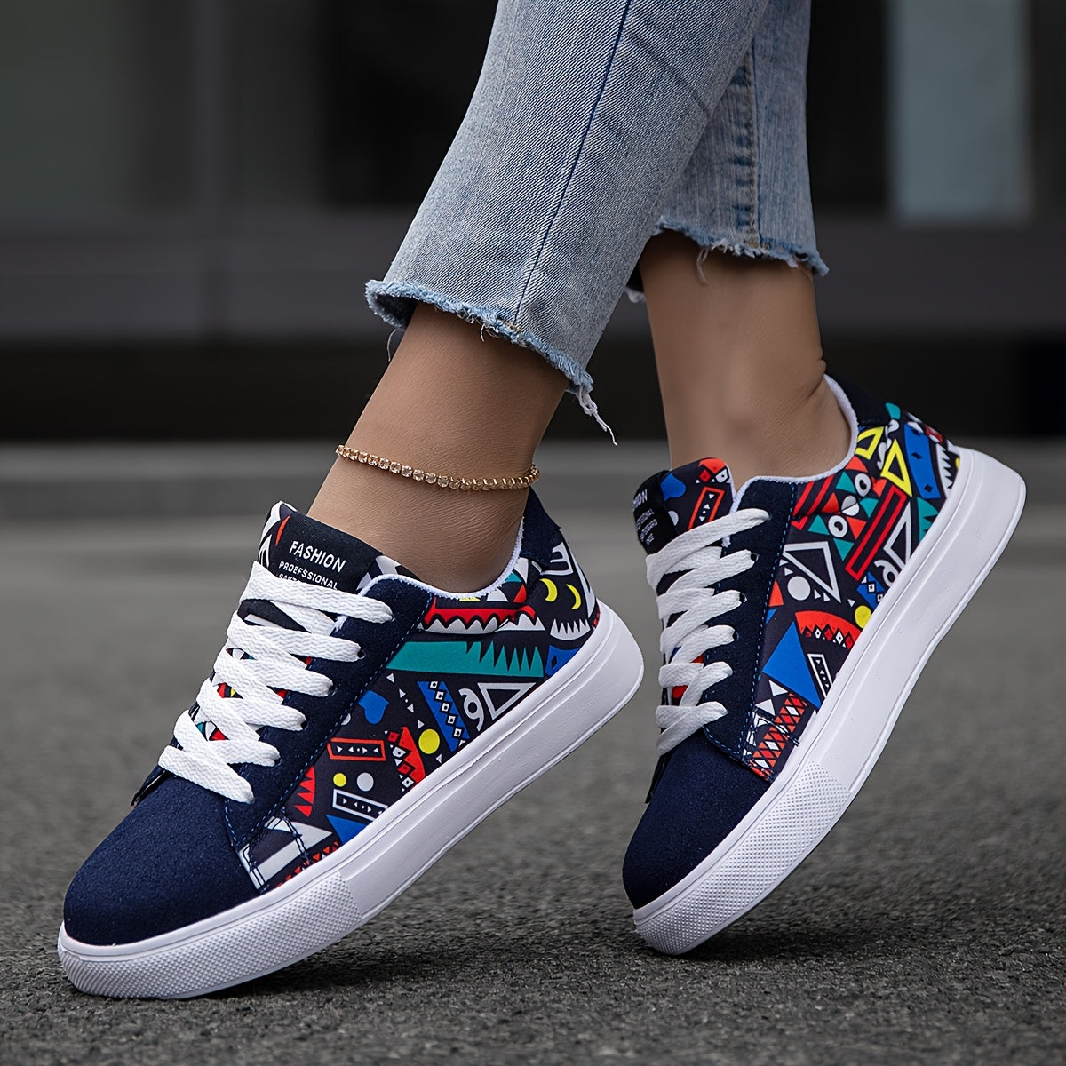 Unisex Geometric Pattern Casual Sneakers Lightweight Fabric Low Top EVA Sole