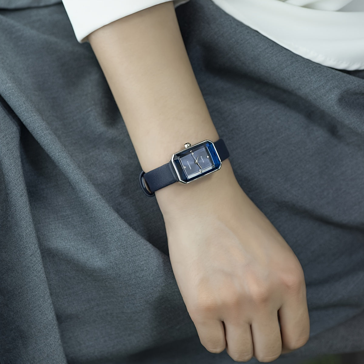 Women's Square Quartz Watch with Rhinestone Accents Faux Leather Band and Non-Rechargeable Battery