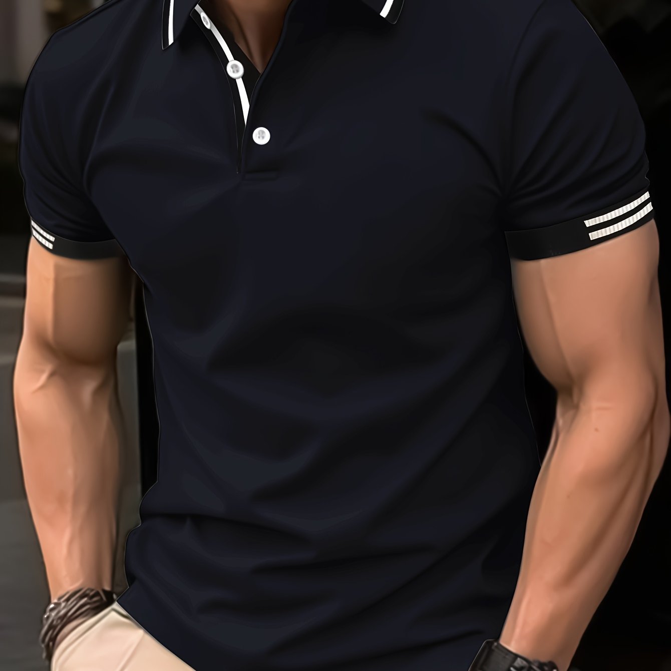 Men's Striped Polo Shirt Breathable Casual Short Sleeve Polyester
