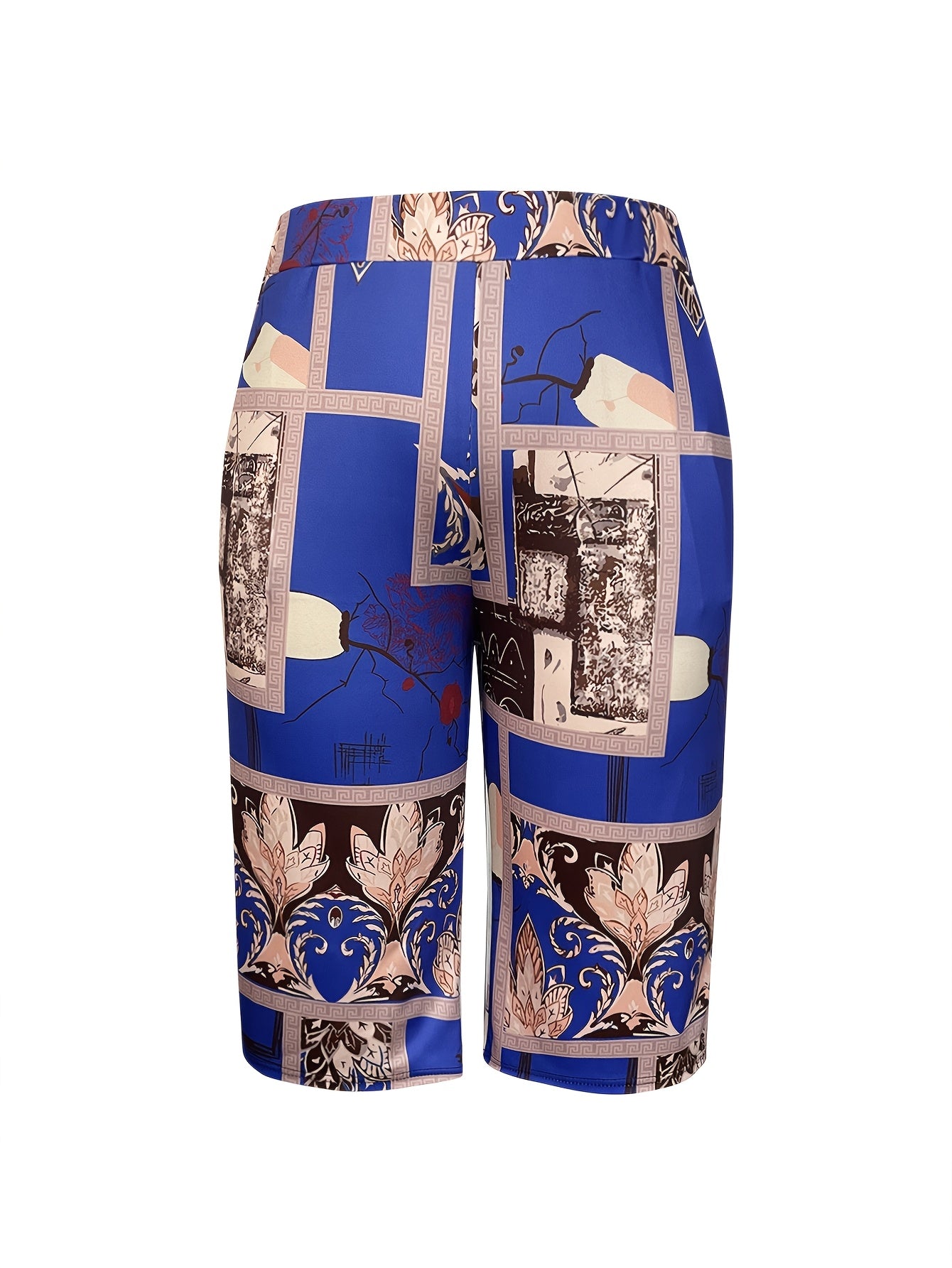 Women's Tropical Print Bermuda Shorts High-Waisted Pockets Blue & Gold