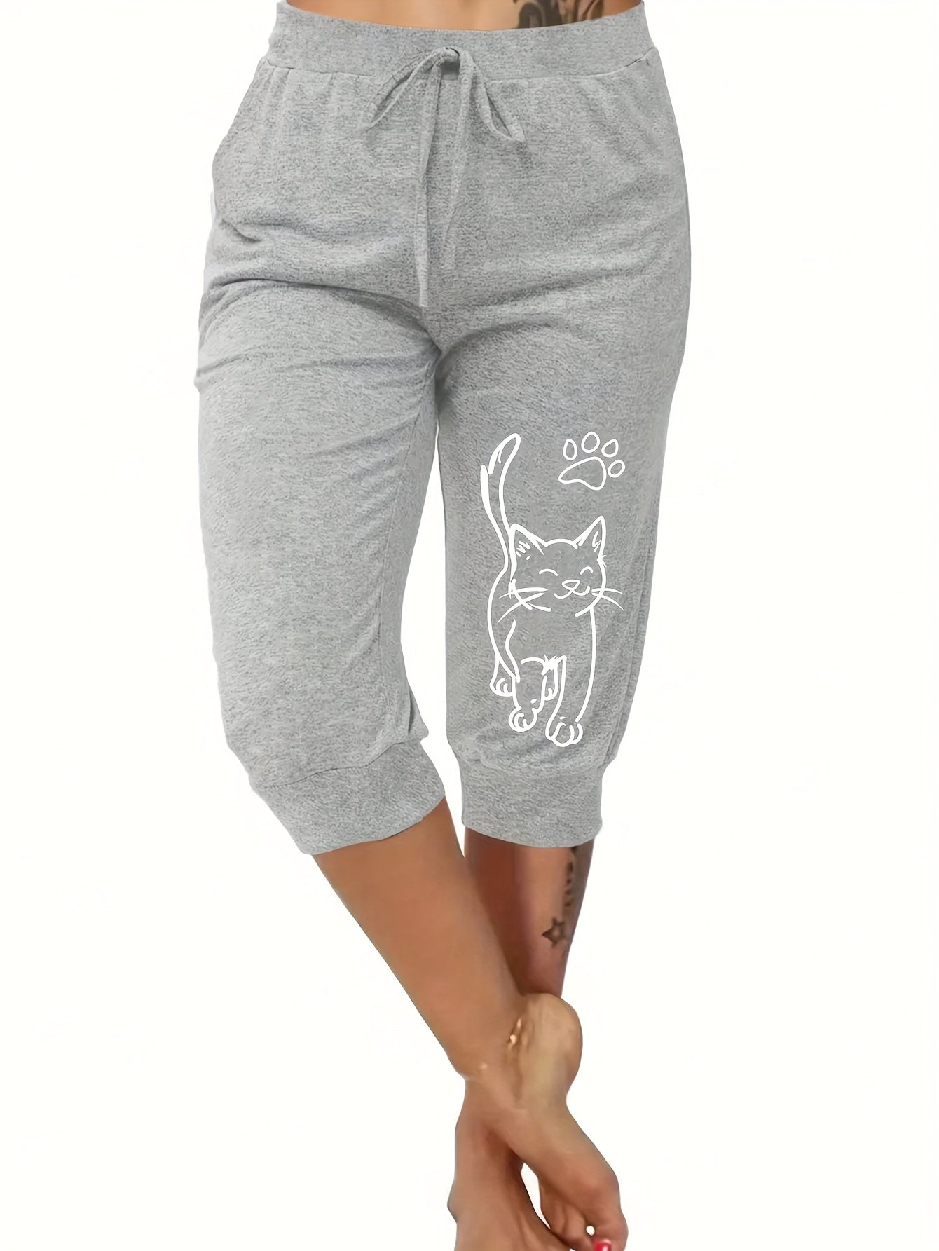 Plus Size Cat Print Casual Tie Waist Pants for Summer Women