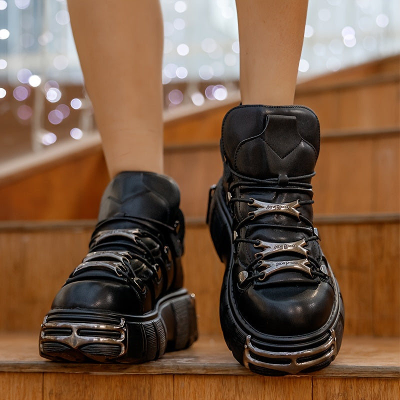 [Mashhur Tanlov] Gotik Punk Uslubidagi Ayollar uchun Bo'yin Botinkalari - Bog'ichli, Platforma Poyafzali, Dumaloq Bosh, Metall Aksessuarlar, Sun'iy Qoplama