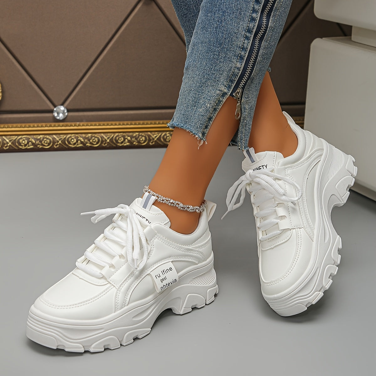 Women's White Casual Sneakers With Thick Sole and Rubber Outsole