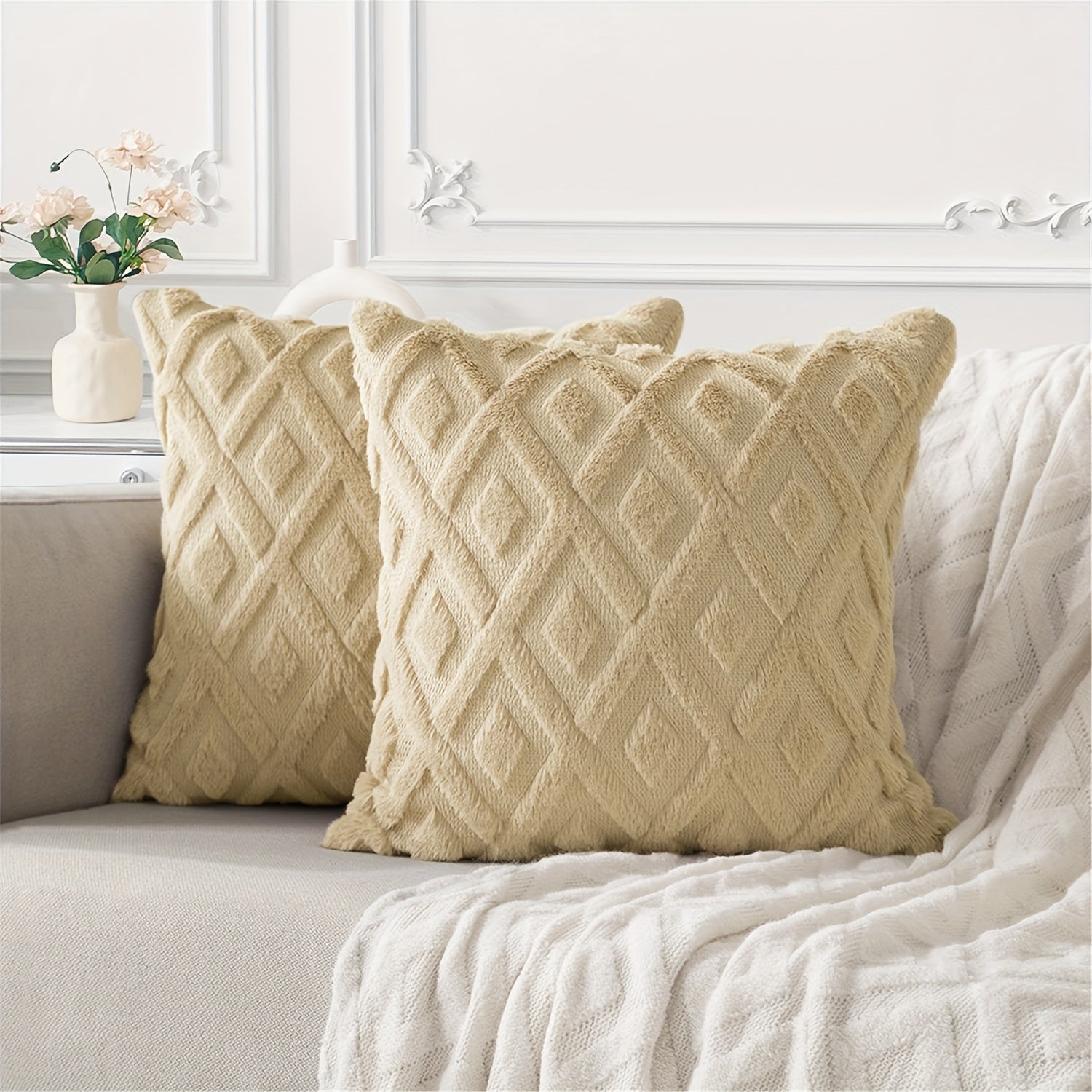 Beige Faux Wool Throw Pillow Covers 18x18 Inches for Couch Sofa Decor
