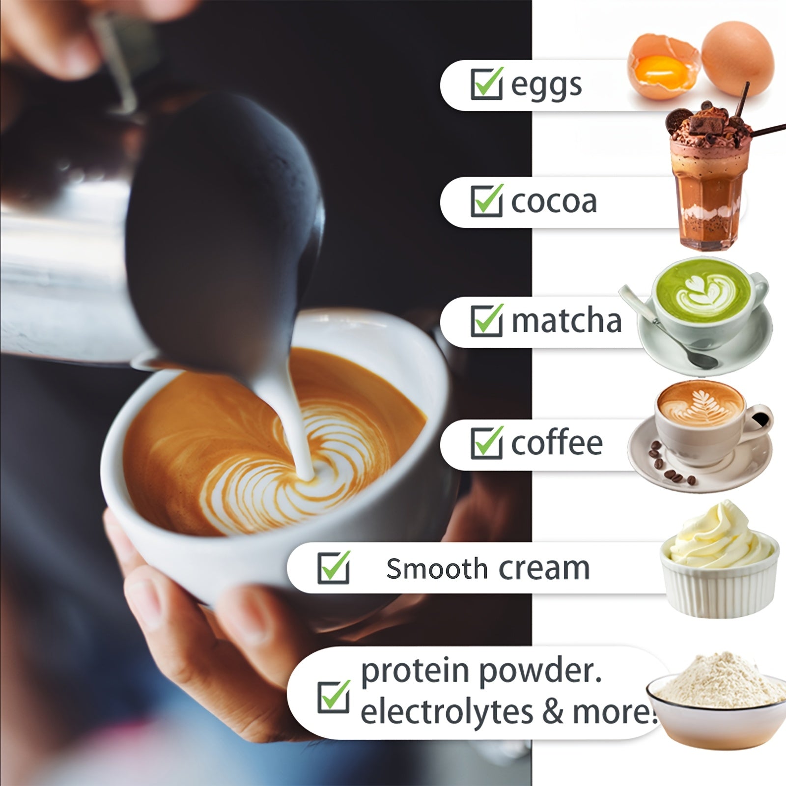 Espumador de leche eléctrico de acero inoxidable de mano para café latte, capuchino y chocolate caliente