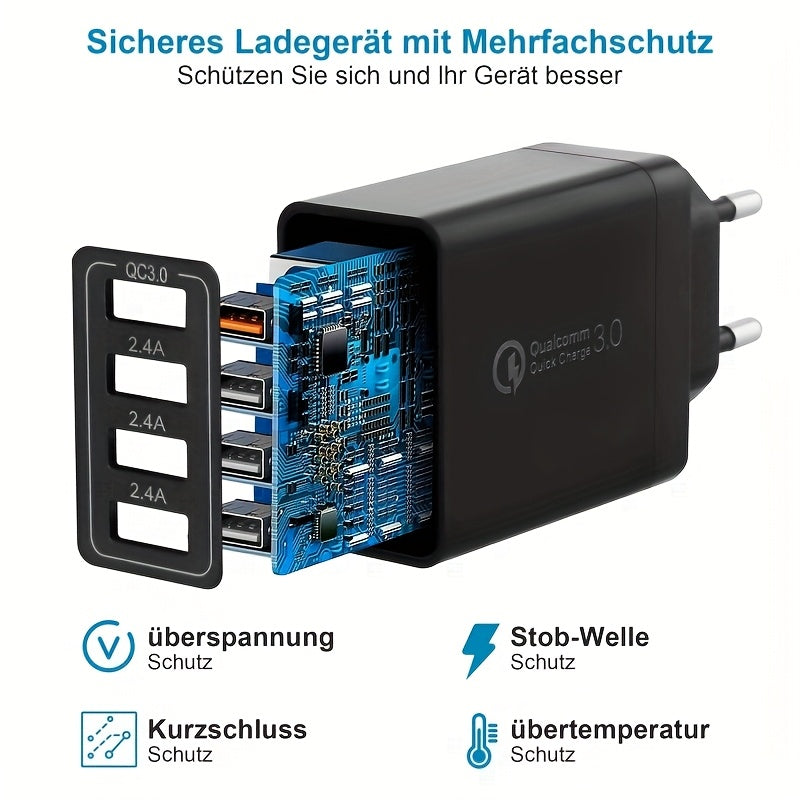 4-Port USB Charger Fast Charging EU Plug Adapter for Tablets and Smartphones