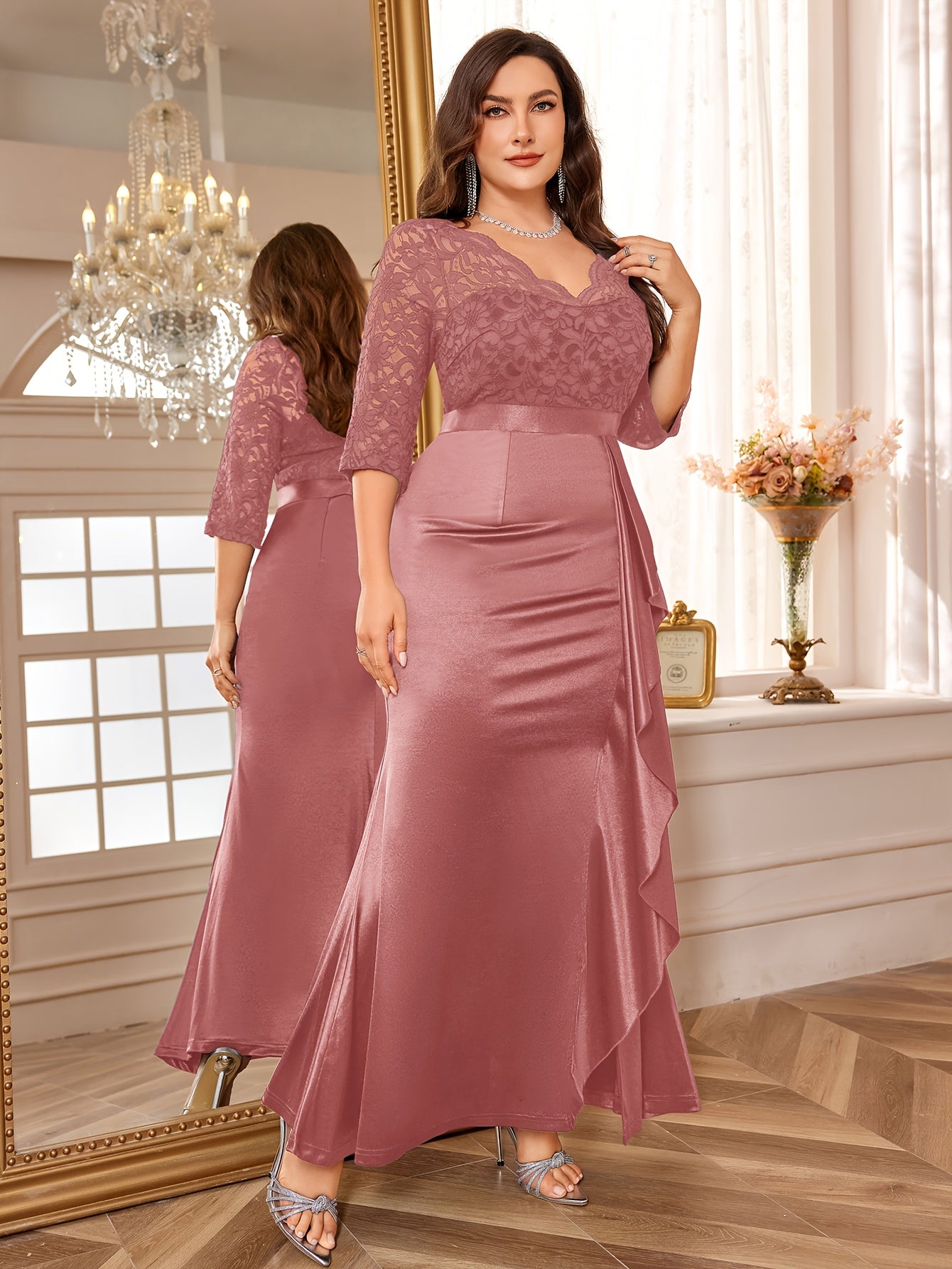 Women Navy Blue Lace-Trim V-Neck Mermaid Gown Ruffle Side Slit