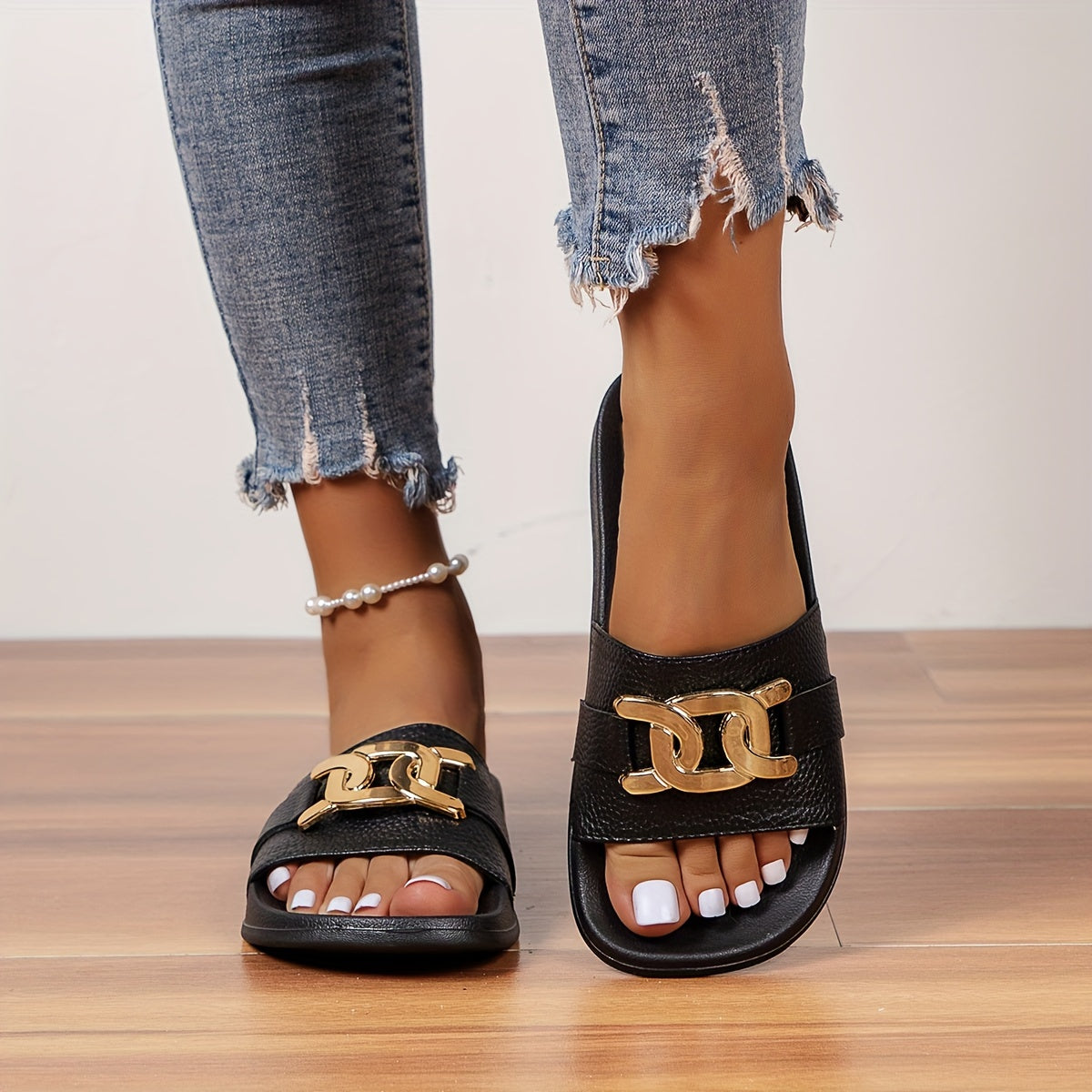 Ayollar uchun qora slayd sandalki, oltin tokchali Eva taglik, kundalik ochiq barmoqli dizayn