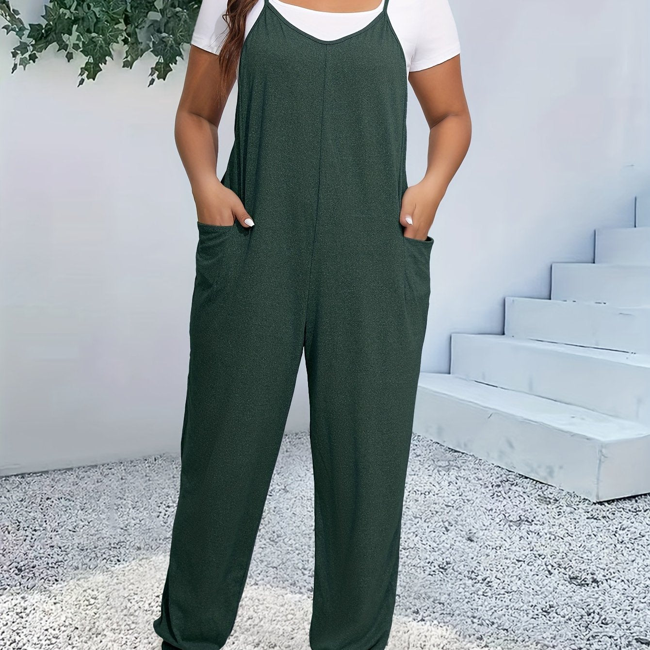 Plus Size Casual V-Neck Jumpsuit with Pockets Polyester Knit Spring Summer Fall