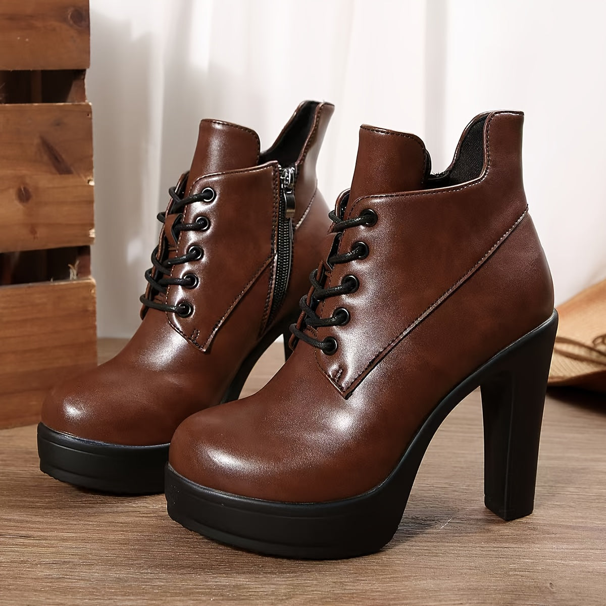 Women’s Black PU Platform Ankle Boots with Zipper, High Heel, Casual or Dress