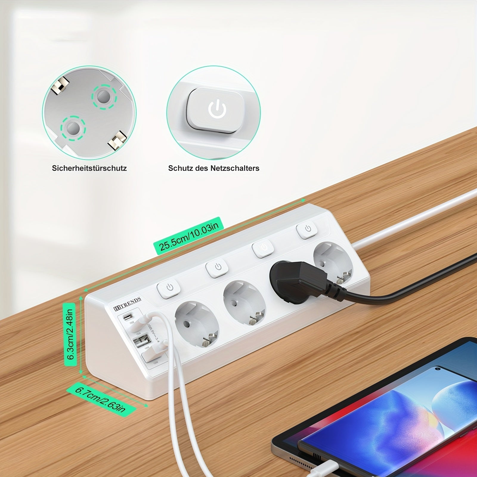 4-Port Corner Power Strip with USB-C and USB-A Ports 220-240V AC European Plug