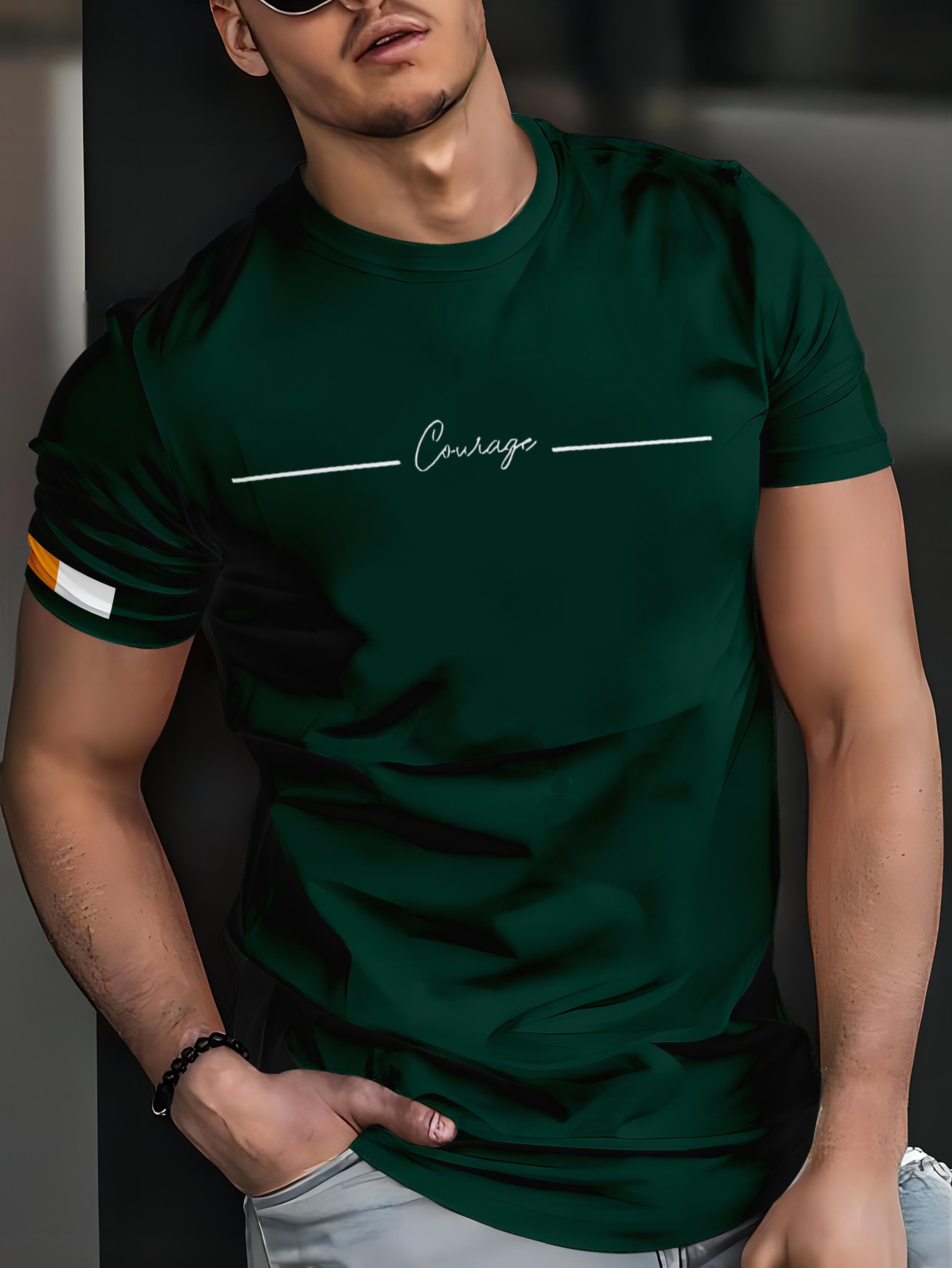 Men's Green Crew Neck T-Shirt with 3D Digital Letter Print Breathable Polyester Summer Short Sleeve Sports Streetwear