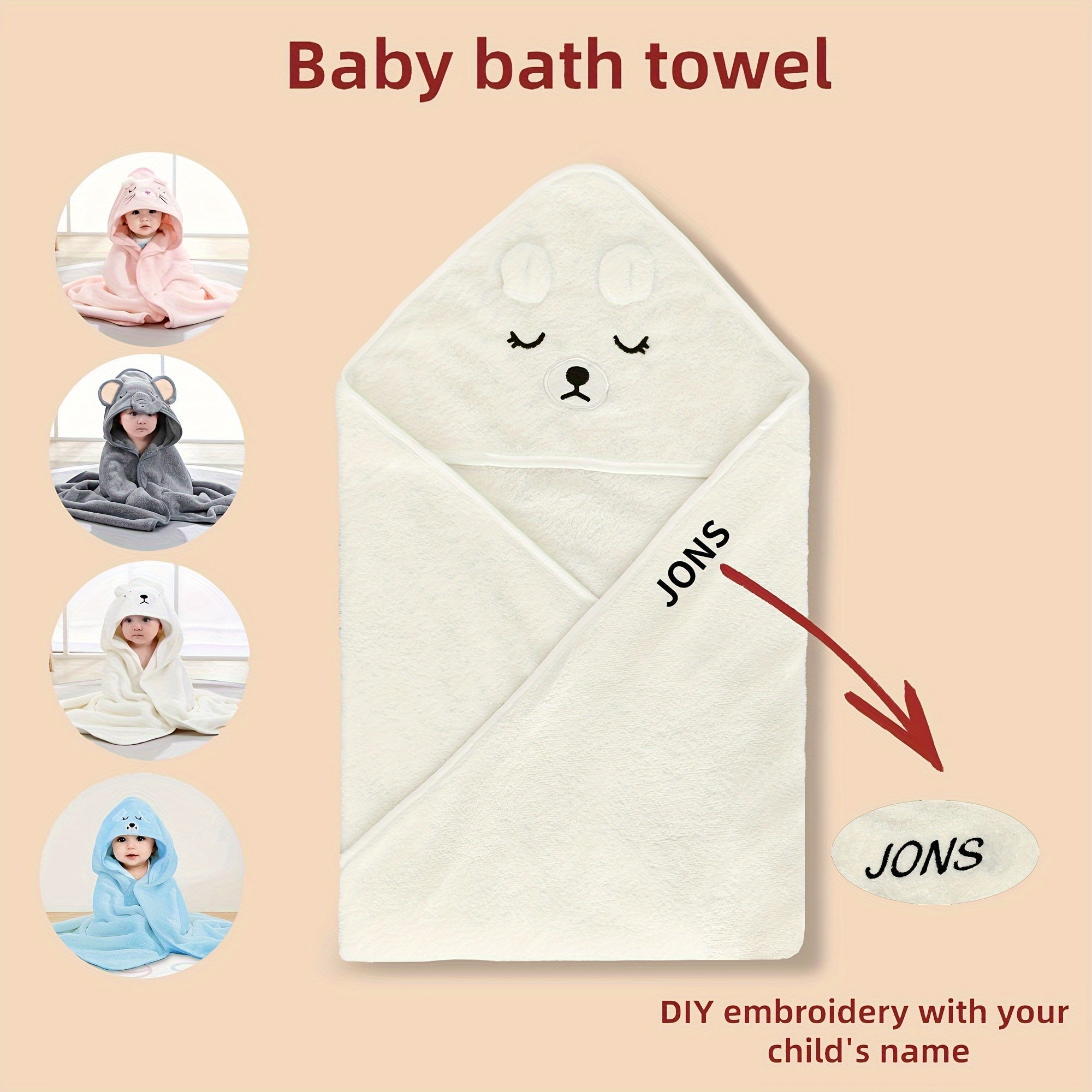 Personalized Hooded Baby Bath Towel with Embroidered Name, Soft Polyester Receiving Blanket