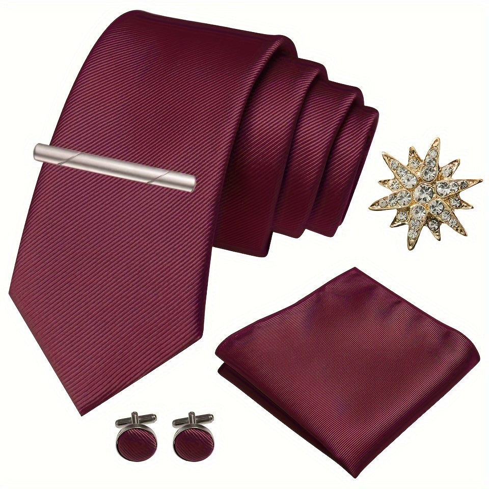 Erkaklar uchun satinning twill galstuk to'plami, galstuk klipi, cho'ntak sharlari, manşet o'rashlar va brosh uchun rasmiy tadbirlar
