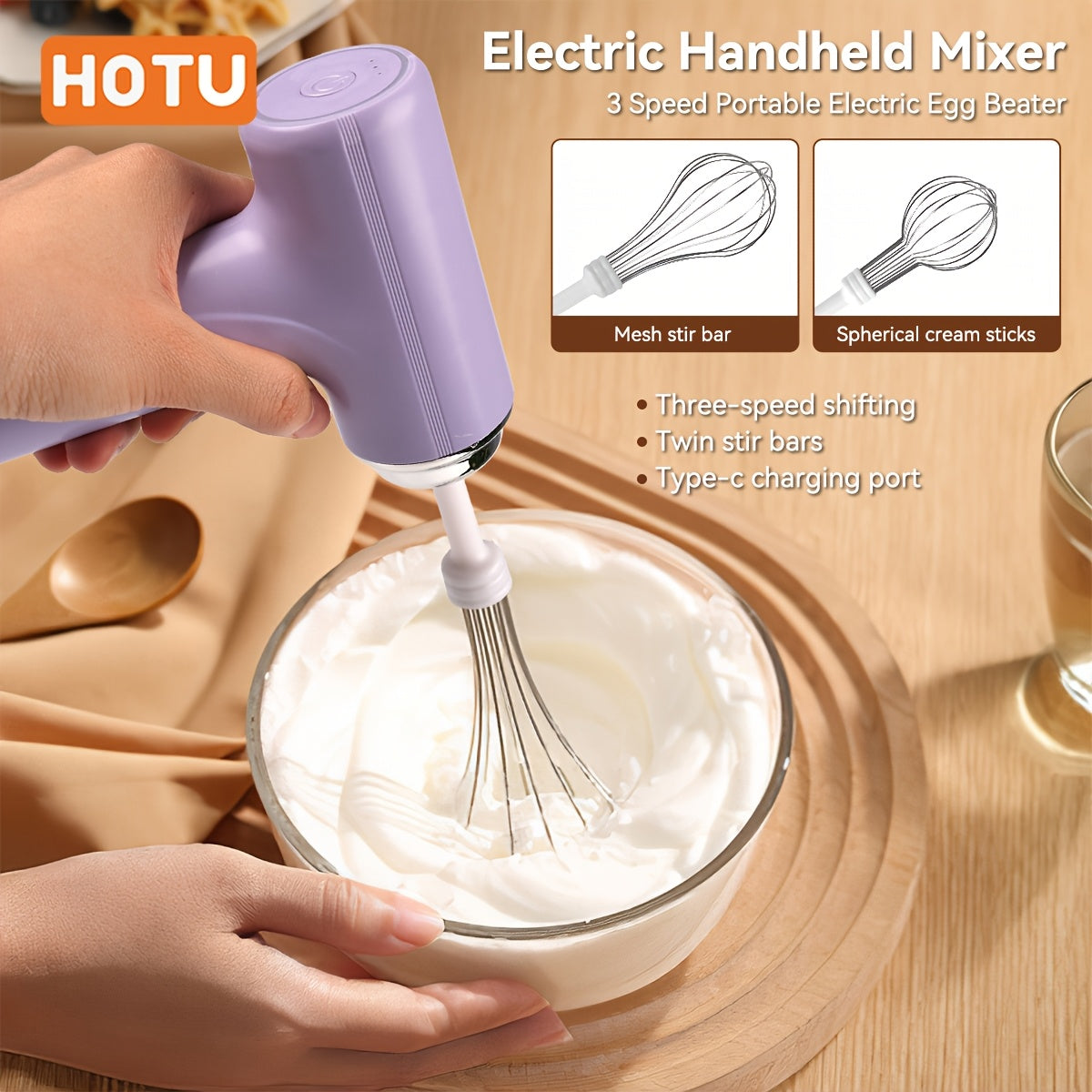 Беспроводной электрический ручной взбиватель для яиц - перезаряжаемый через USB, легкий кухонный миксер с 3 скоростями