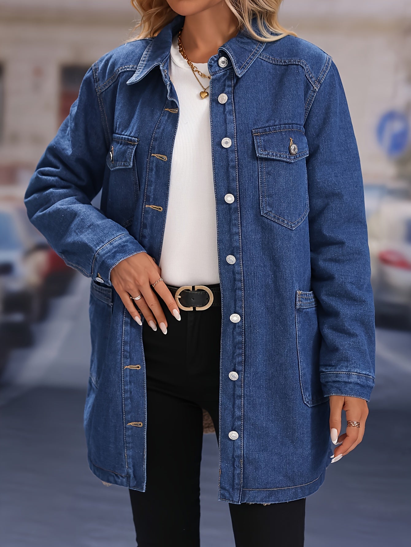 Women's Plus Size Fleece-Lined Denim Jacket Solid Color Fall Outerwear