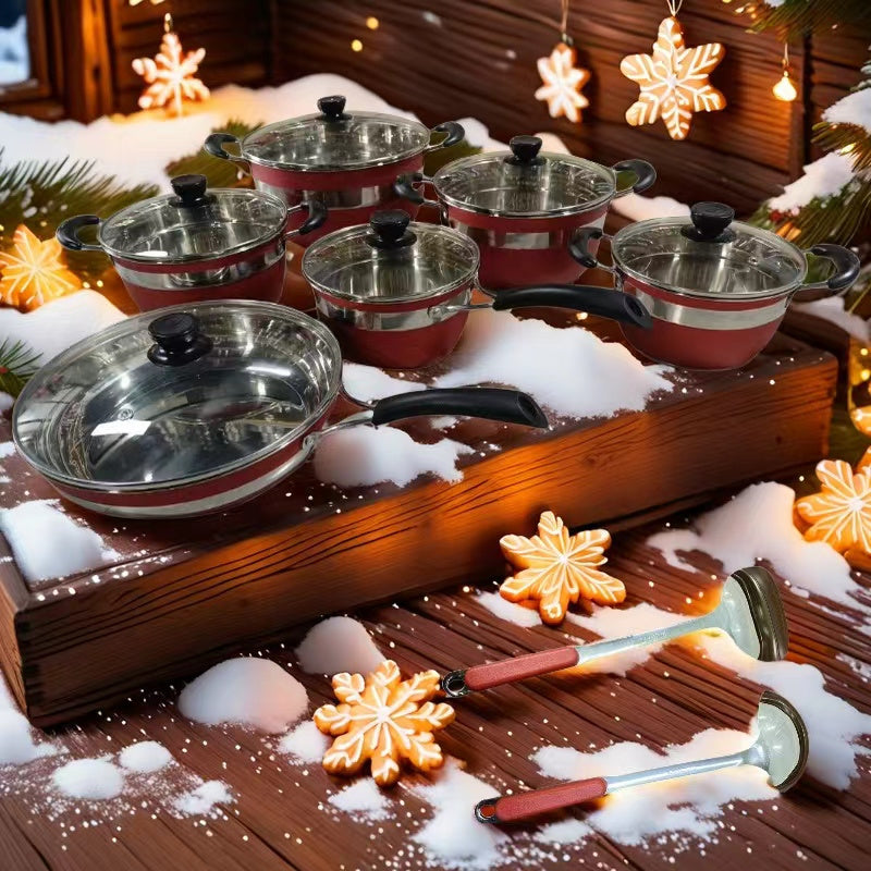 Набор посуды из 14 предметов из нержавеющей стали включает кухонную кастрюлю с лопаткой, ложкой, антипригарную кастрюлю, сотейник, гриль и молочную кастрюлю — прочный и легко очищающийся дизайн, идеально подходящий для всех кулинарных и выпечных нужд