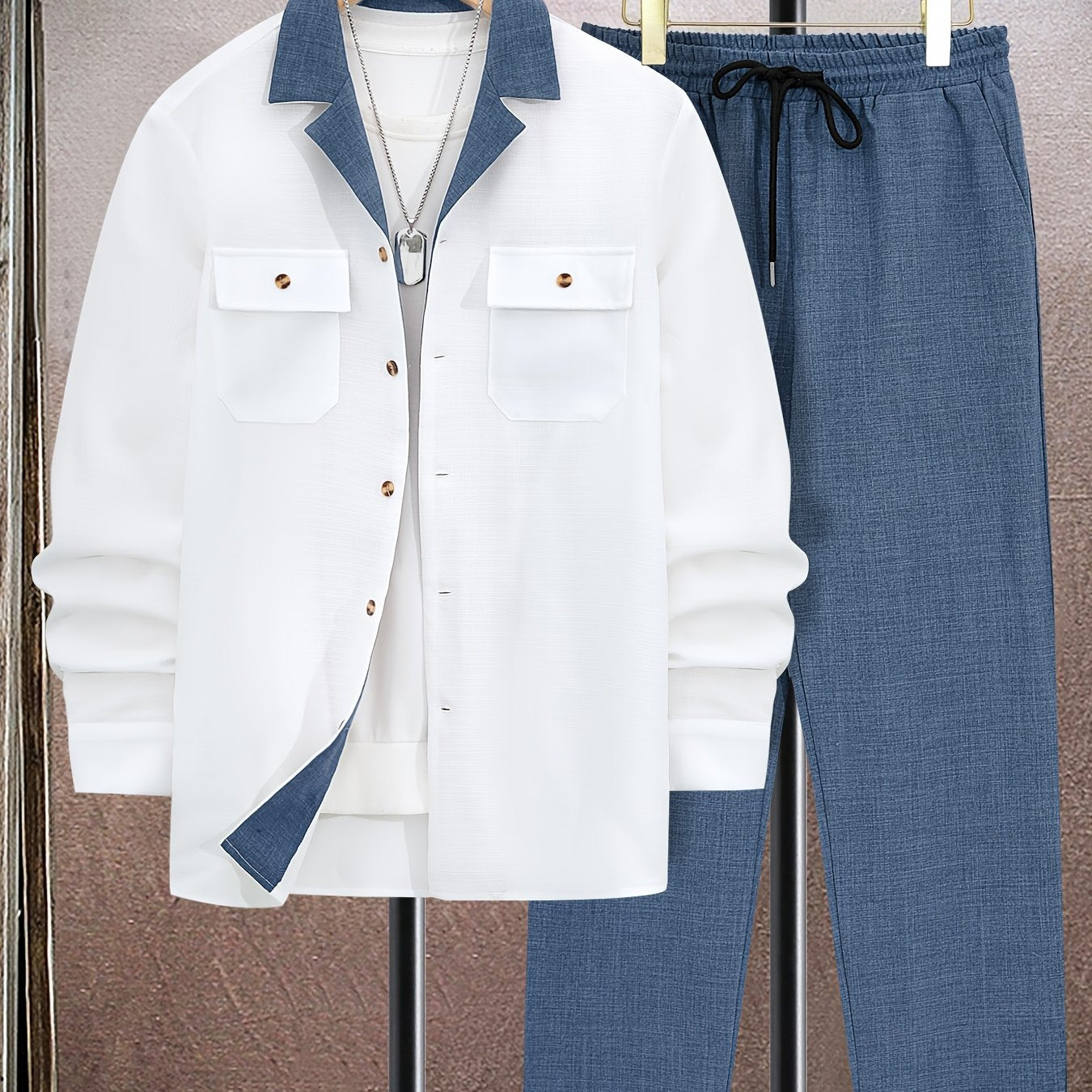 Men's Plus Size Olive Green Blazer Set Polyester Casual Button-Up Jacket with Pockets and Black Pants for Spring and Autumn