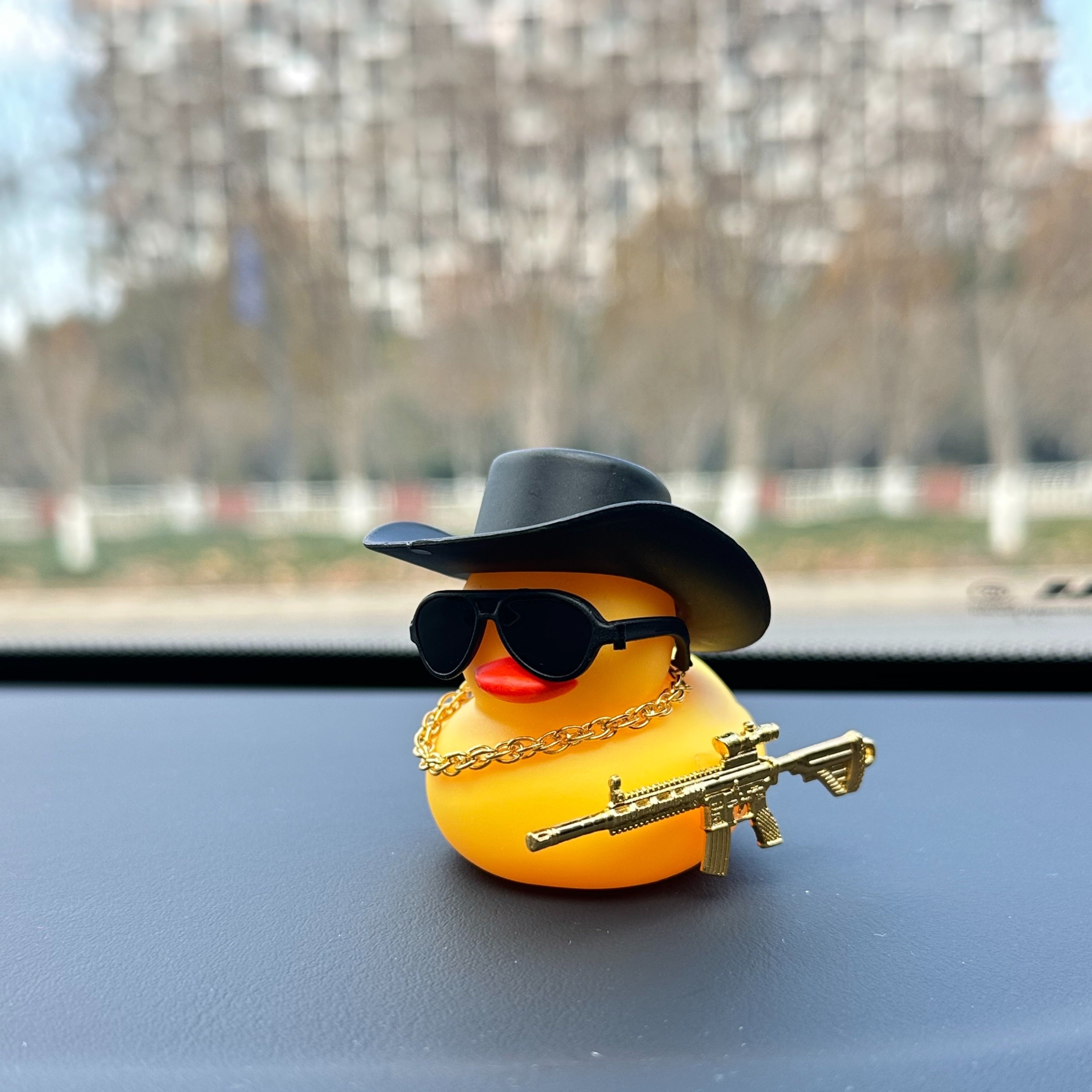 Duck Car Decoration Toy Black Cowboy Hat Dashboard Interior Accessory