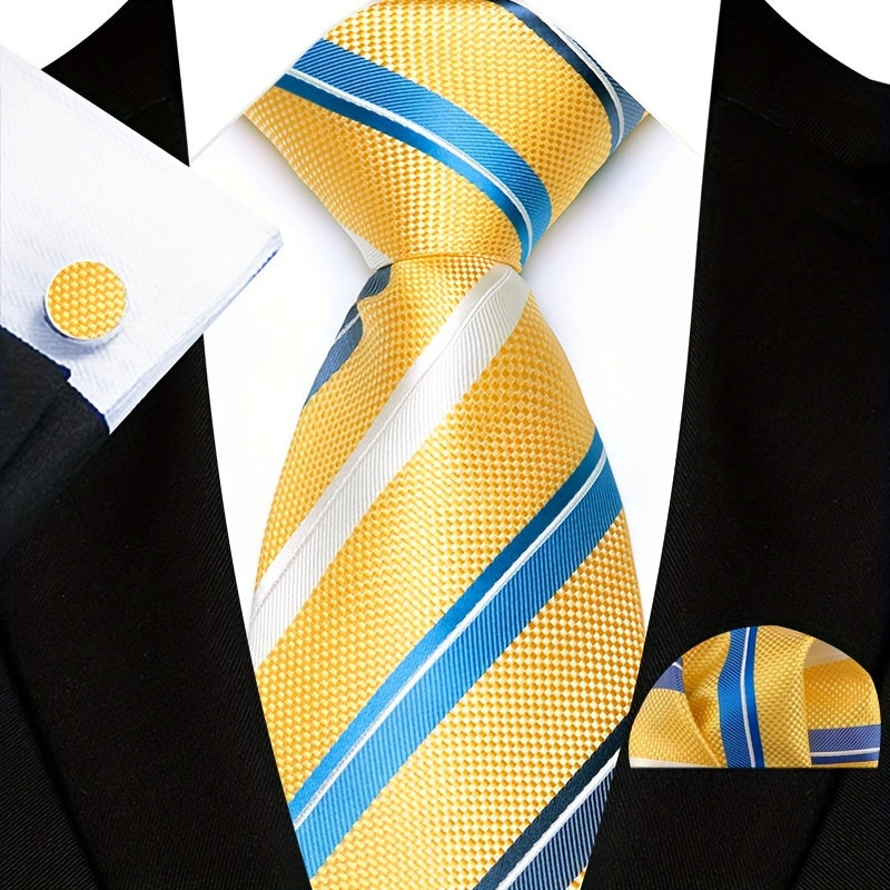 Men's Business Casual Tie Pocket Square Cufflinks Woven Multicolor Stripes Set for Grooms and Groomsmen