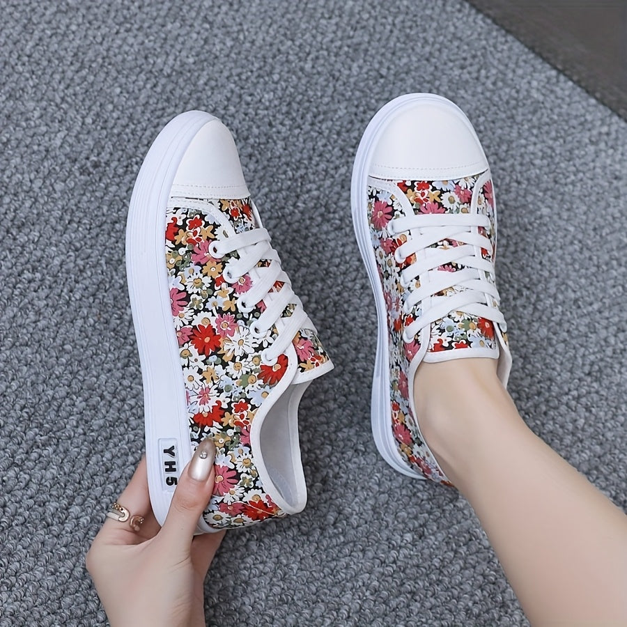 Women’s Floral Sneakers Low-Top Casual Shoes Breathable Fabric White Cherry Blossom