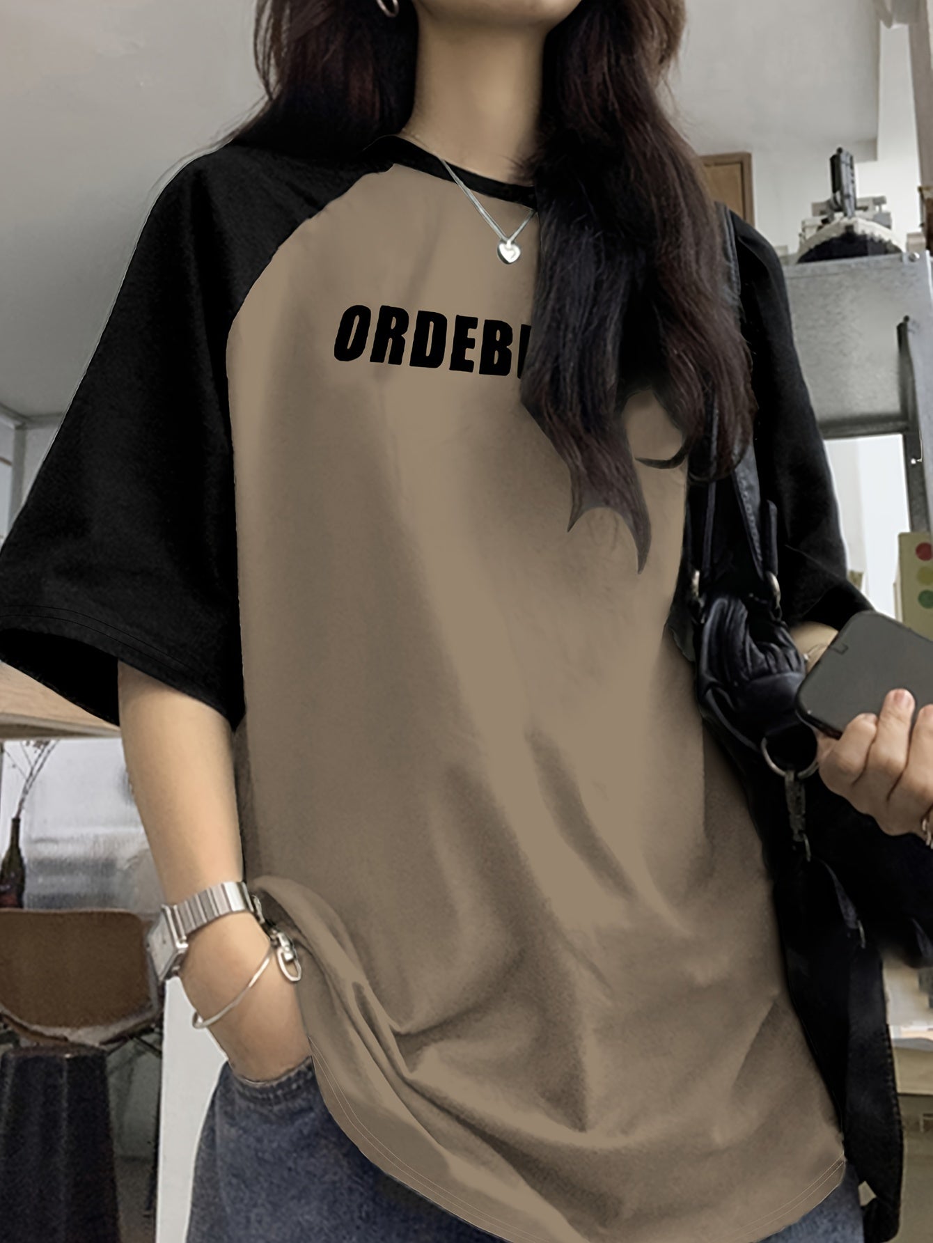 Women's Casual Raglan Sleeve Color Block T-Shirt with Letter Print for Spring Summer