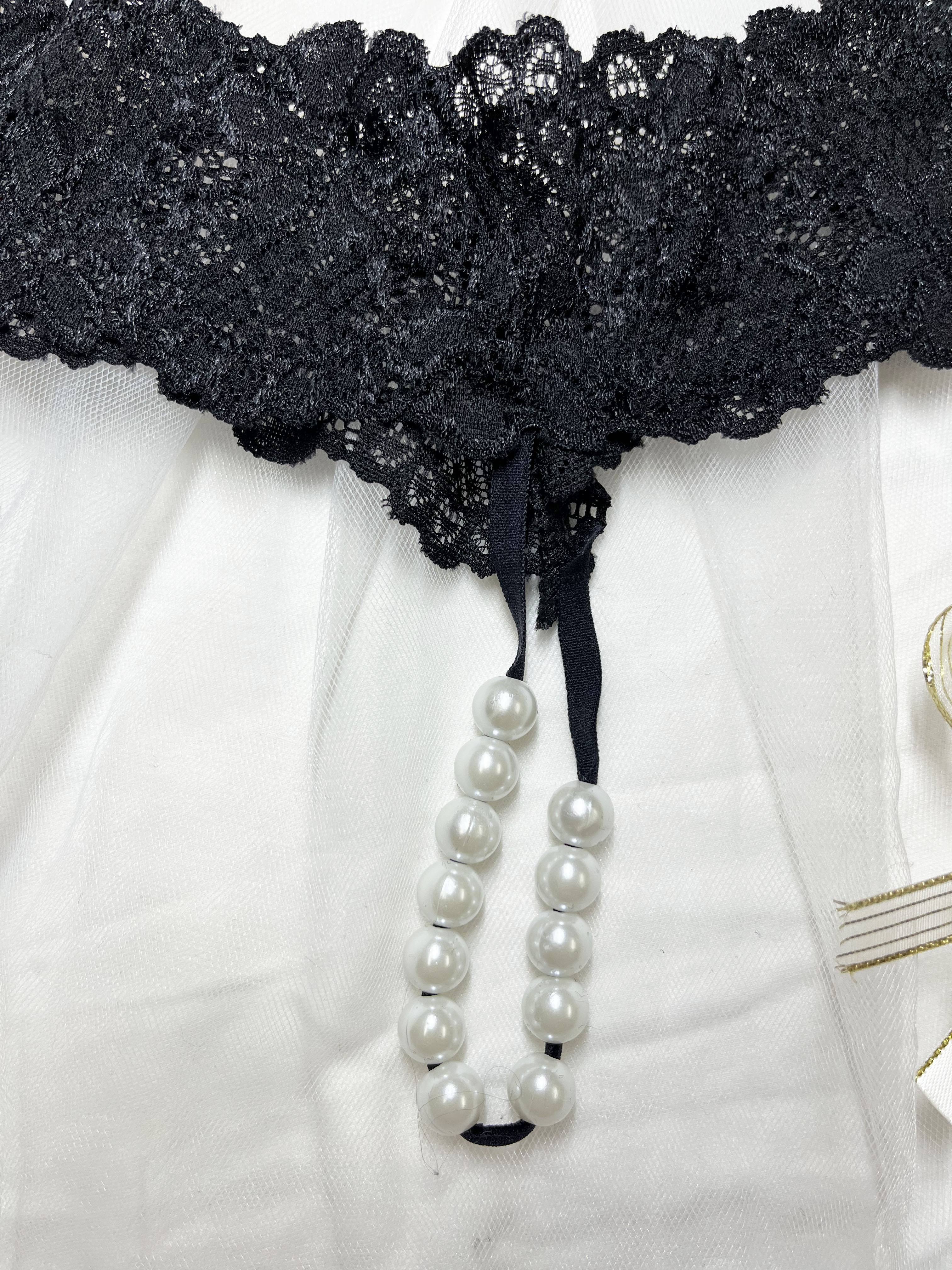 Black and Pink Lace Massage Thong Set with Beads 2-Pack