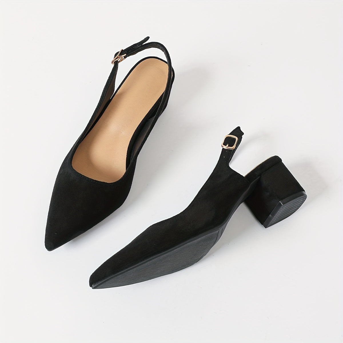 Women's Black Velvet Pointed Toe Pumps with Ankle Strap and Mid Heel
