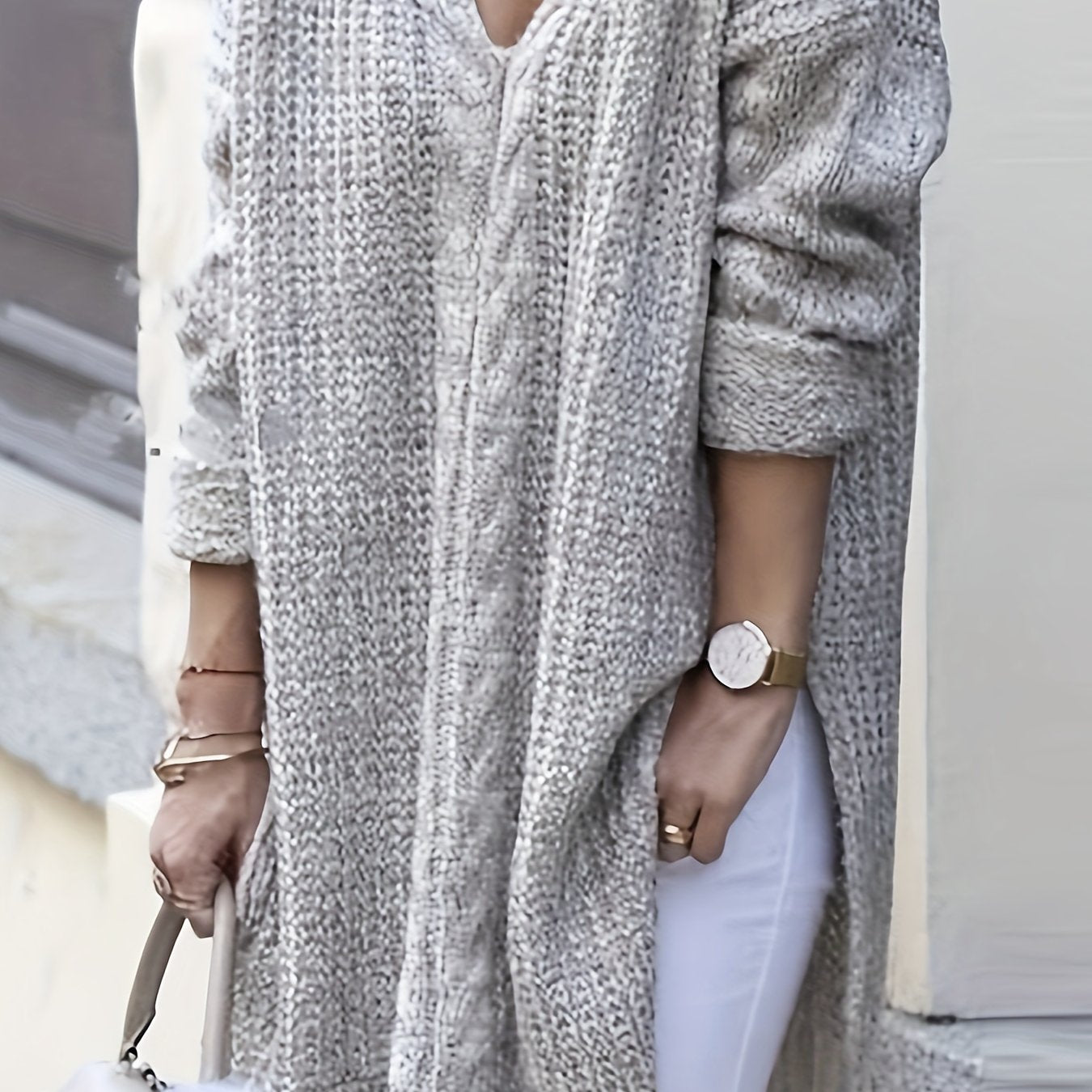 Plus Size Women's Loose Deep V-Neck Sweater Casual Pullover with Slit Hem