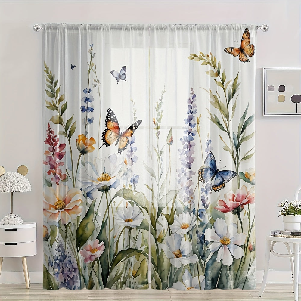 Cortinas de tul con estampado floral vibrante y mariposas para sala de estar o dormitorio poliéster semi-transparente