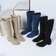 Women's Mid-Calf Rhinestone Boots with Zippered Low Block Heel Black