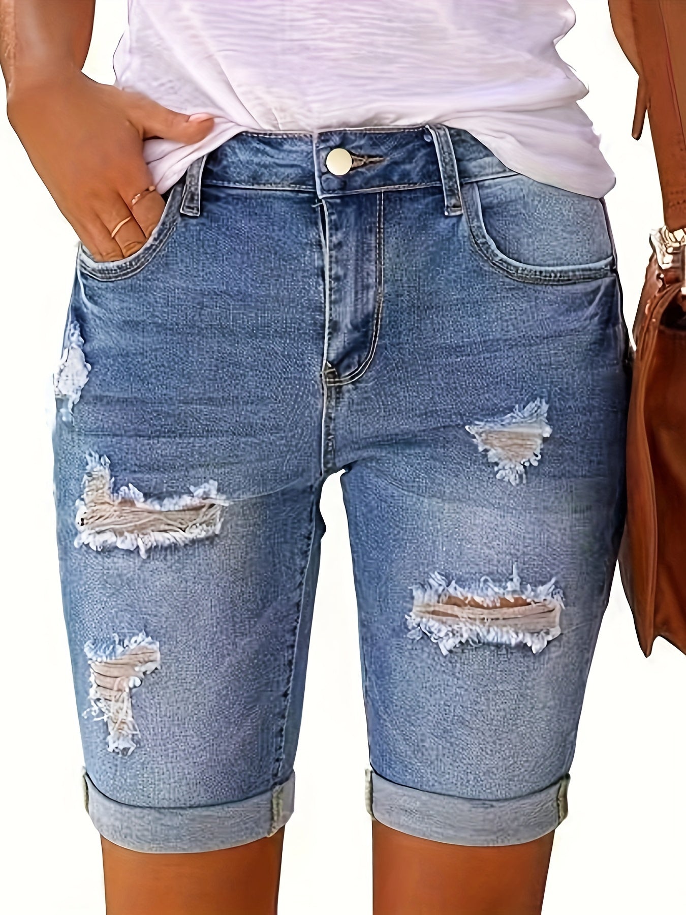 Plus-Size Women's Ripped Denim Shorts High Waist Light Blue Summer