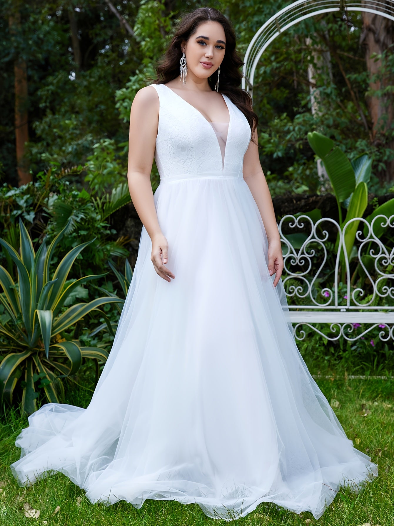 Plus Size Women's Lace Panel V-Neck Wedding Evening Gown Formal Maxi Dress