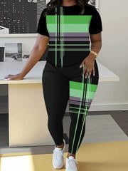 Plus Size Women's Activewear Set with Pink Geometric Print Polyester Yoga Outfit