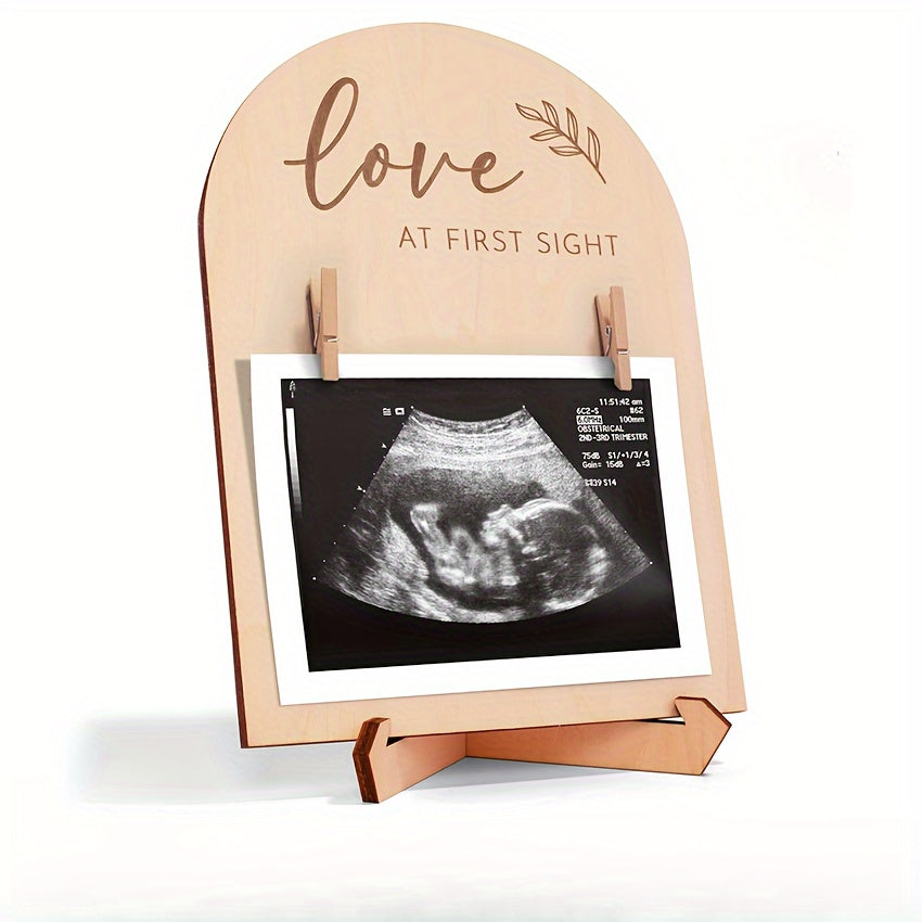 Wooden Ultrasound Photo Frame with Sign and Ink Pad for New Parents Light Yellow