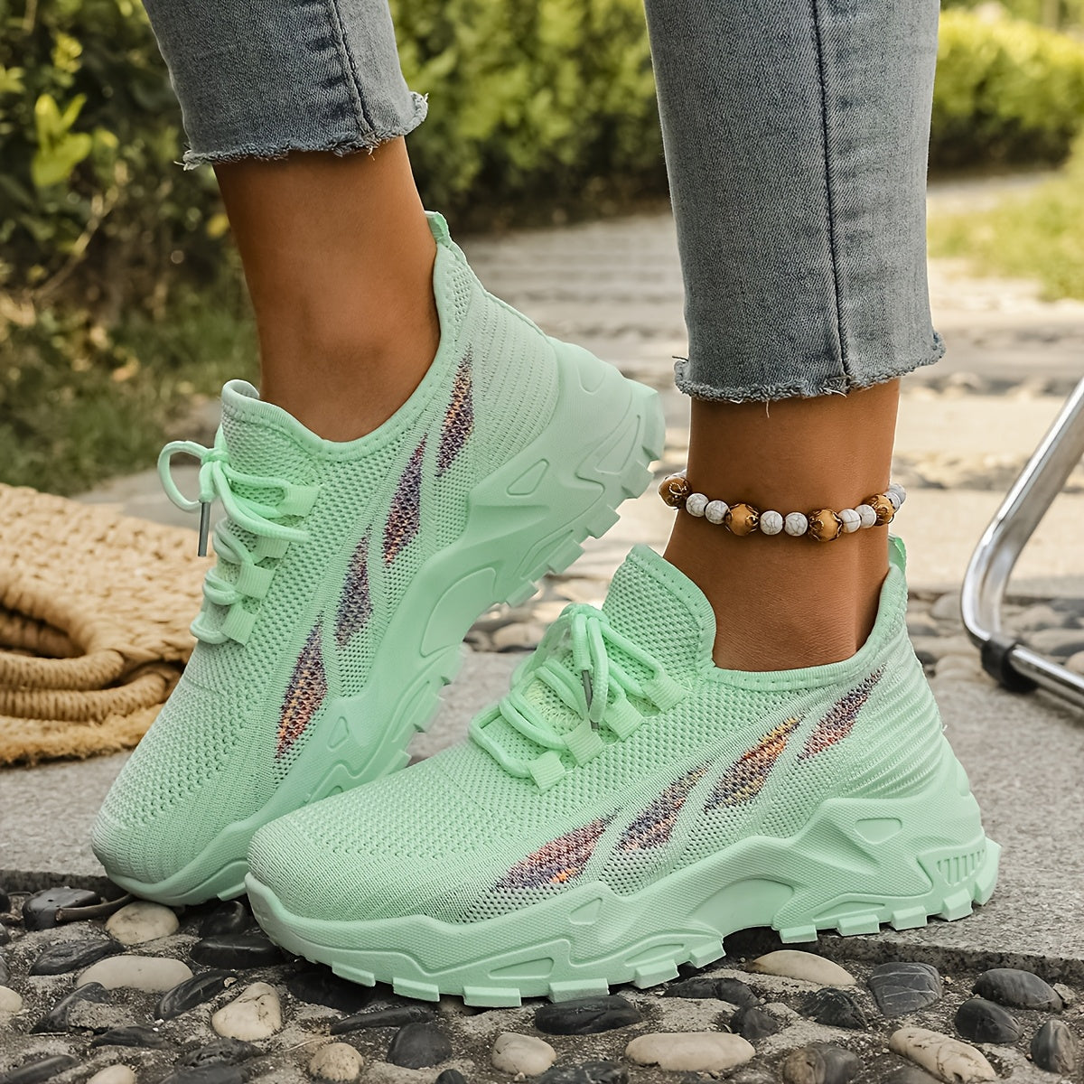 Women’s Breathable Knit Sneaker Casual Low-Top Walking Shoe with Round Toe