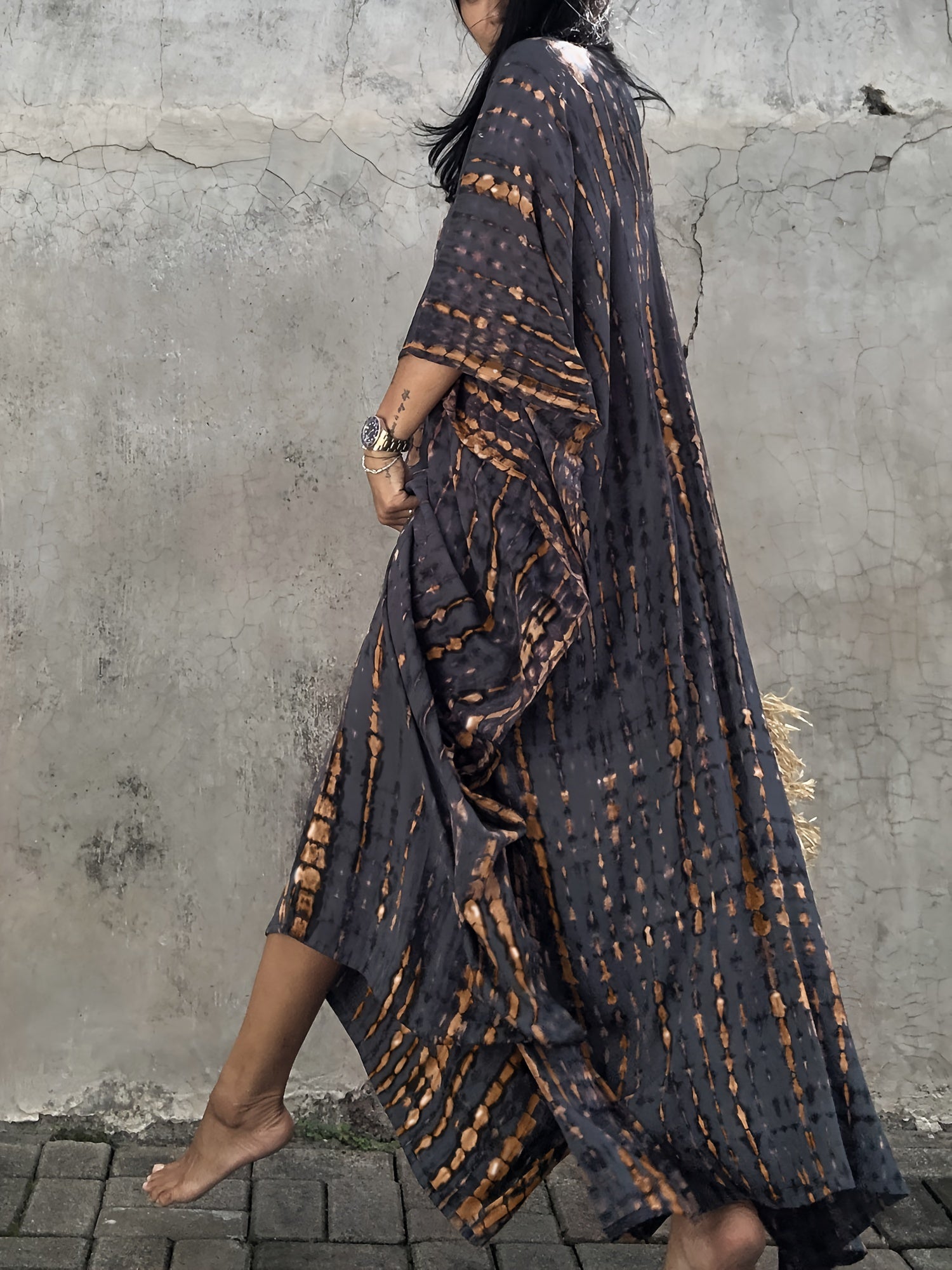 Plus Size Tie Dye Kaftan Dress Casual V Neck Batwing Sleeve