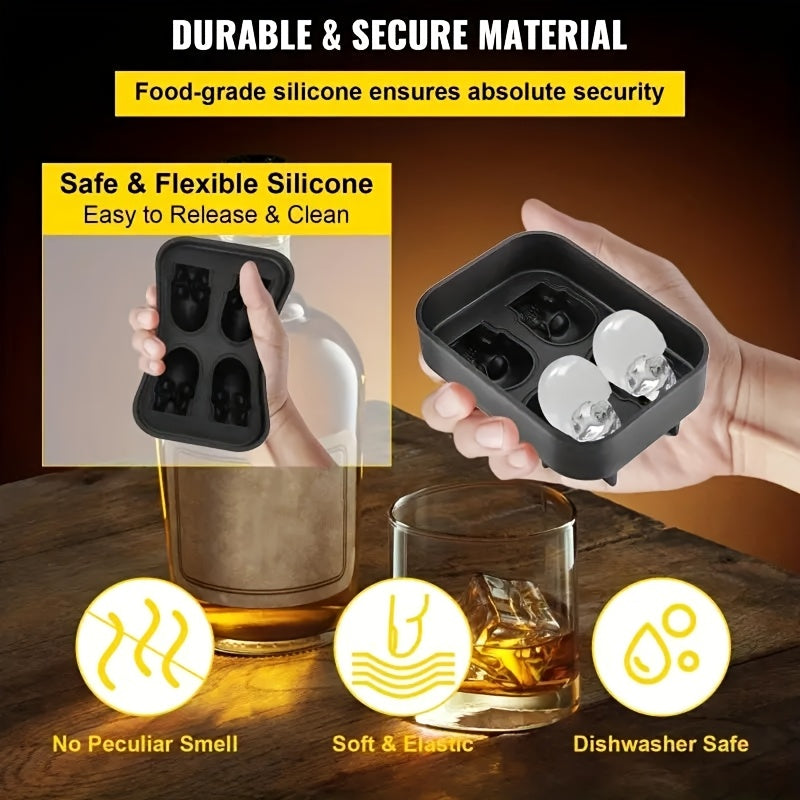 Silicone Skull Ice Cube Mold 4-Cavity Black Tray for Whiskey and Spirits