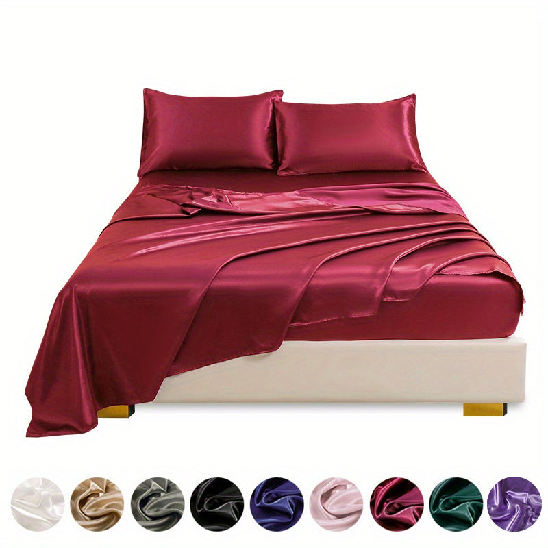 Polyester Satin Fitted Sheet Set 4 Pieces Includes Pillowcases Available in Twin Full Queen King
