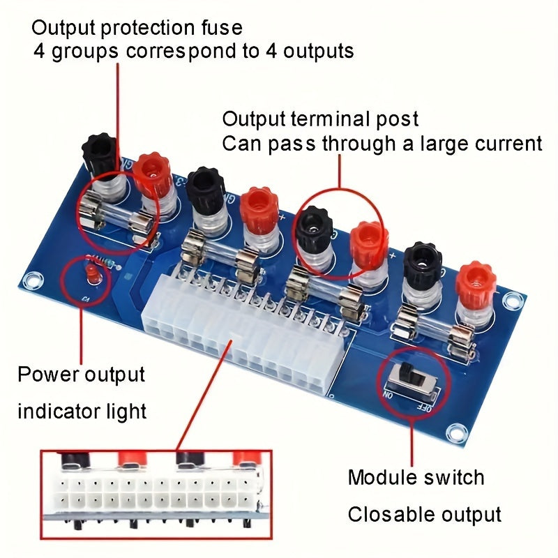24-Pin ATX Quvvat ta'minoti breakout adapteri stol kompyuterlar uchun, kalit va bir nechta kuchlanish chiqishlari bilan