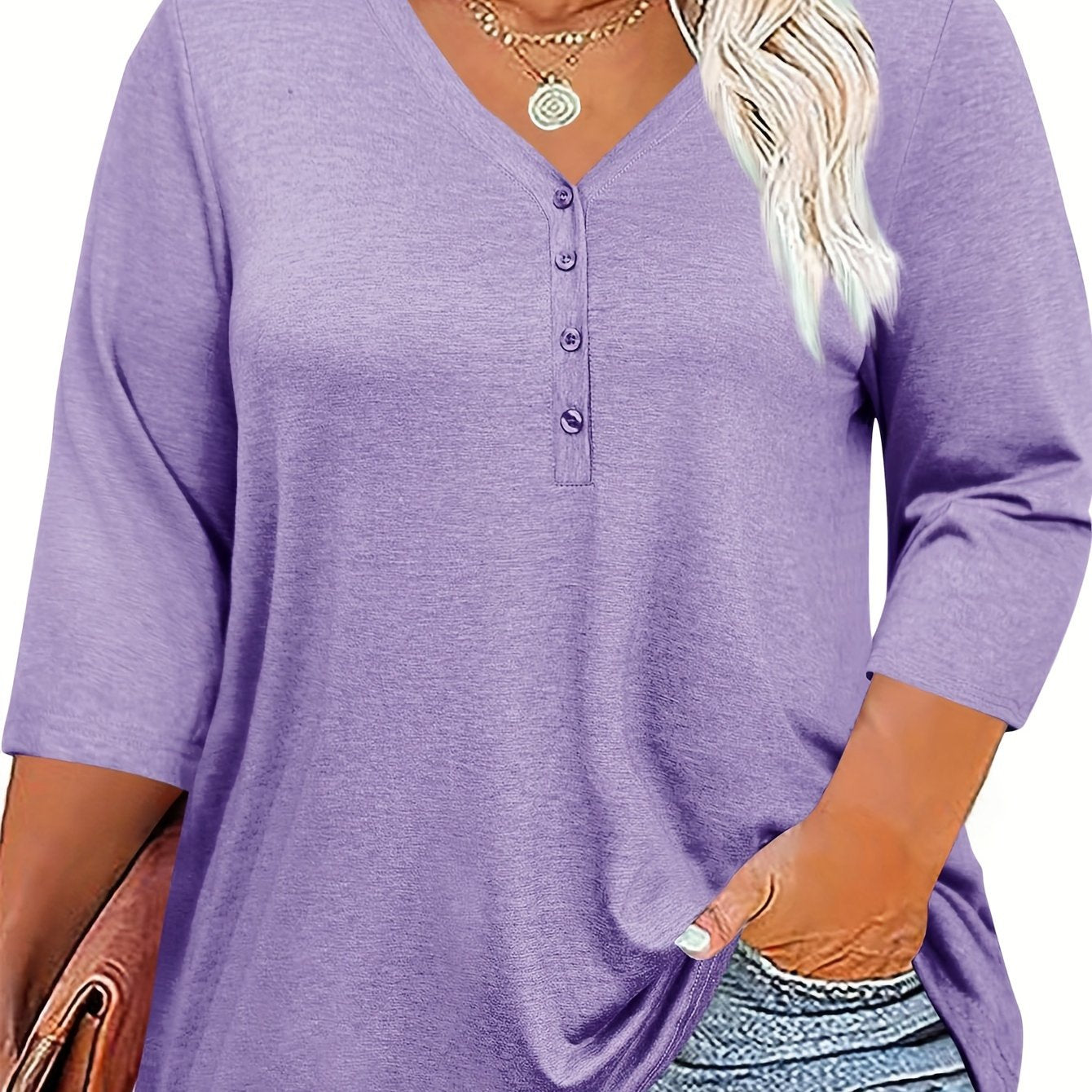 Women's Plus Size V-Neck Tunic Top 3/4 Sleeve Button Front Casual Breathable