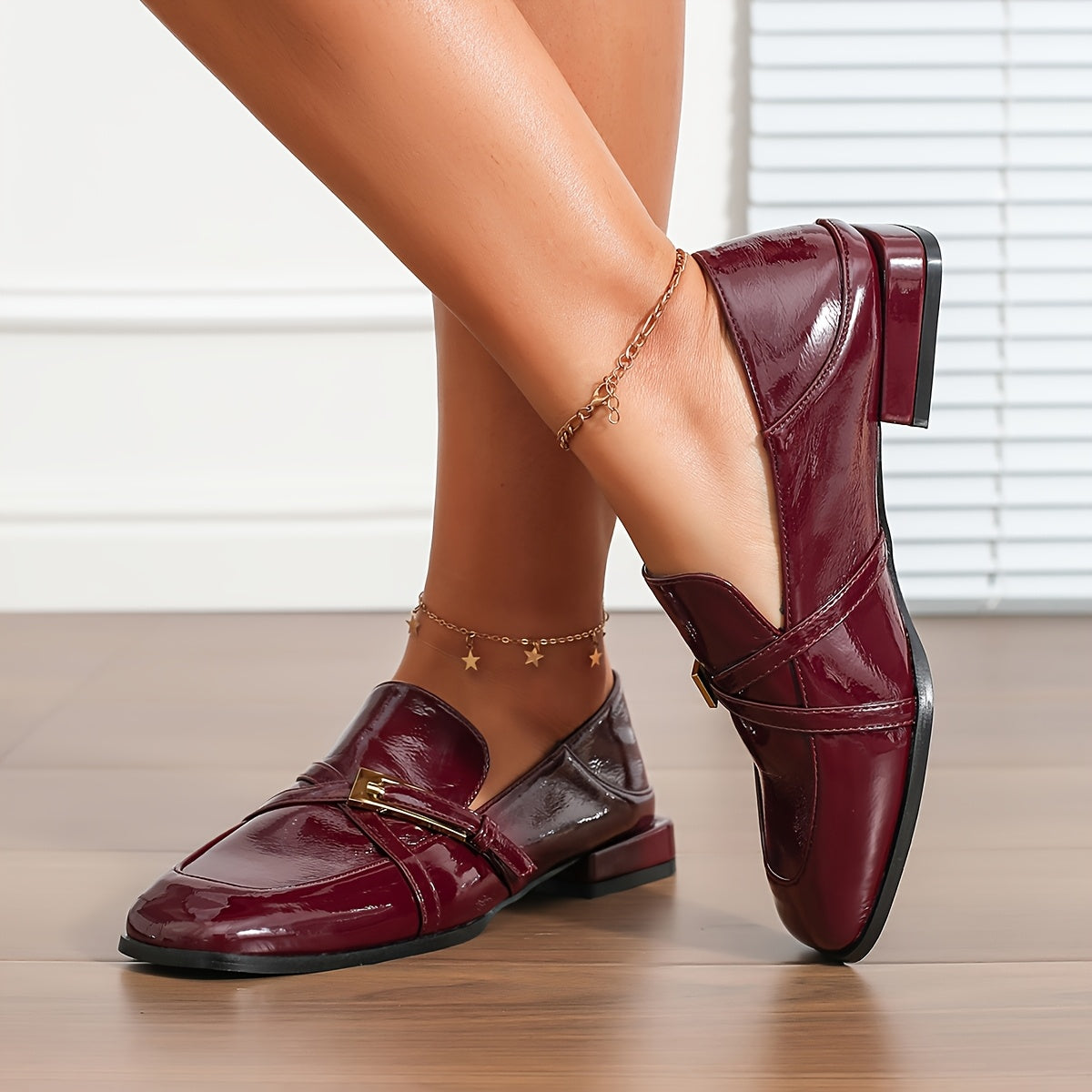 Women's Wine Red Square Toe Loafers Mid Heel Shoes