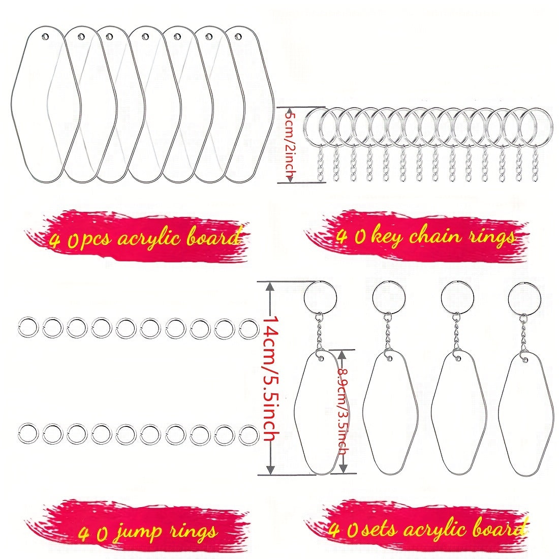 Juego de 120 llaveros en blanco para motel con láminas de acrílico y aros de salto para manualidades DIY