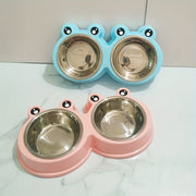 Stainless Steel Double Bowl for Small Dogs and Cats with Pet Frog Design