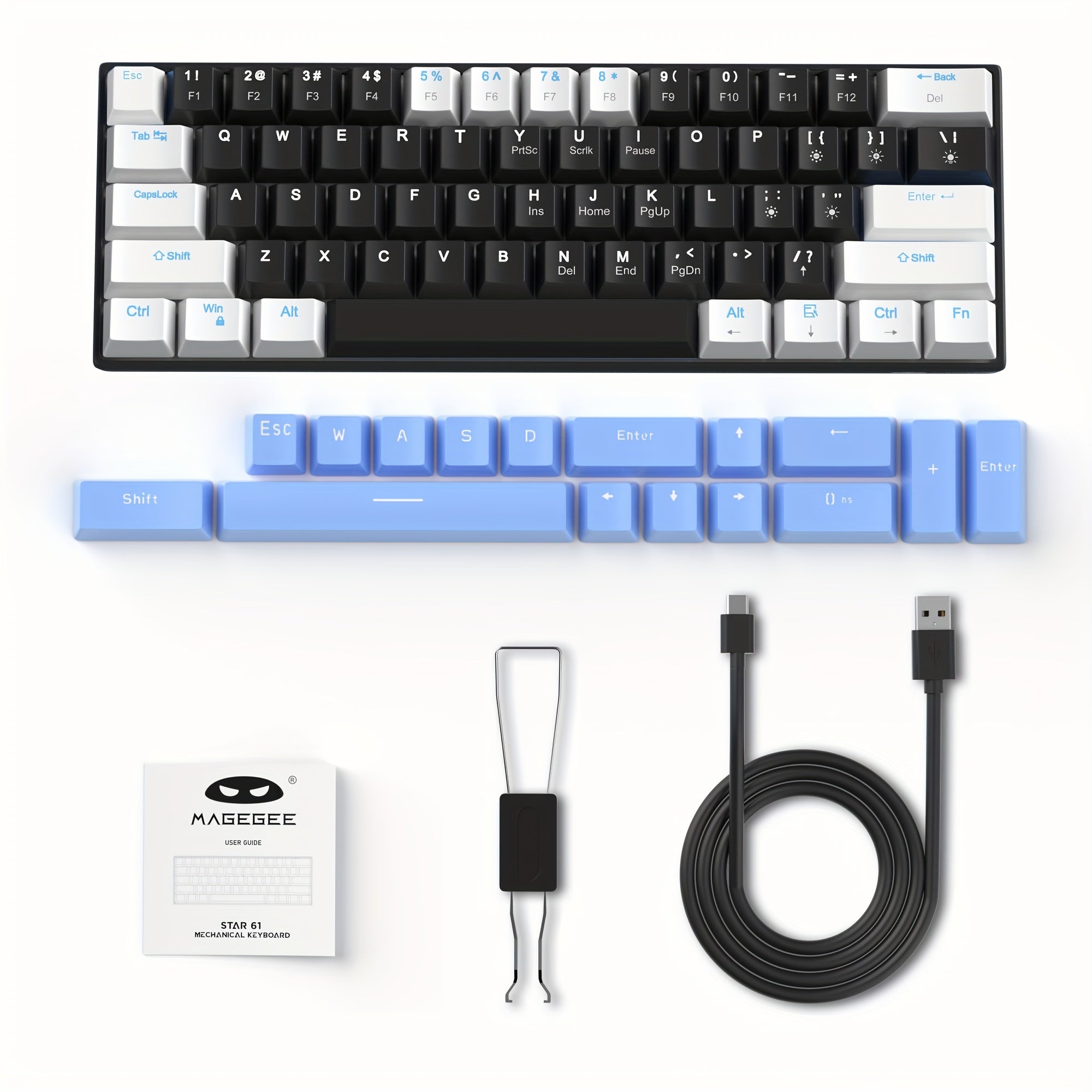 Ergonomic 60% Mechanical Gaming Keyboard Blue Switches Sea Blue Backlit Compact USB