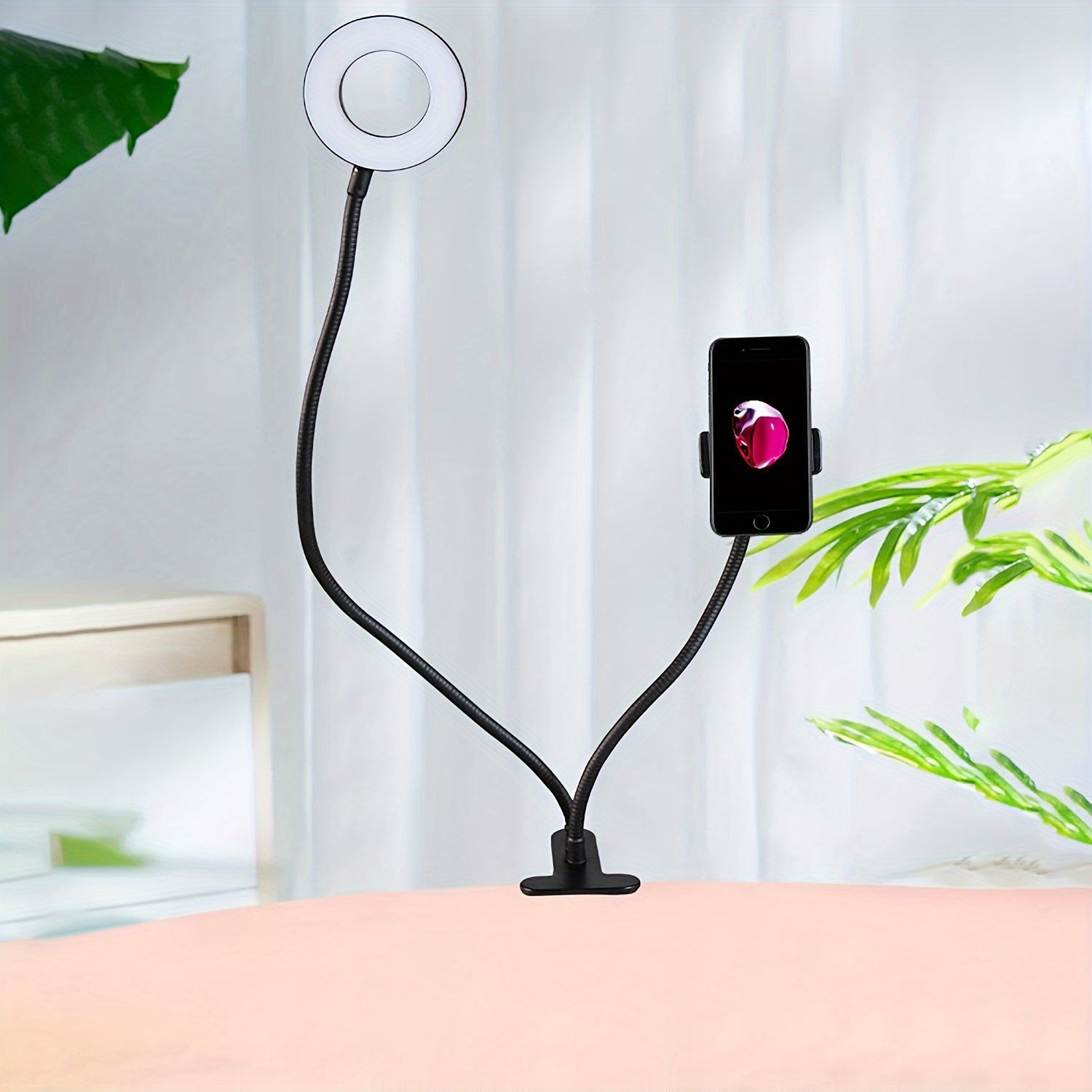 Iron Phone Grip Stand with Ring Light and Clip-On Gooseneck Light for Desk Reading Video Recording