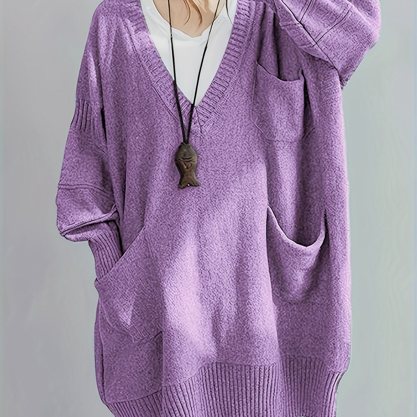 Plus Size Women's V-Neck Oversized Sweater Black Longline Casual Pullover