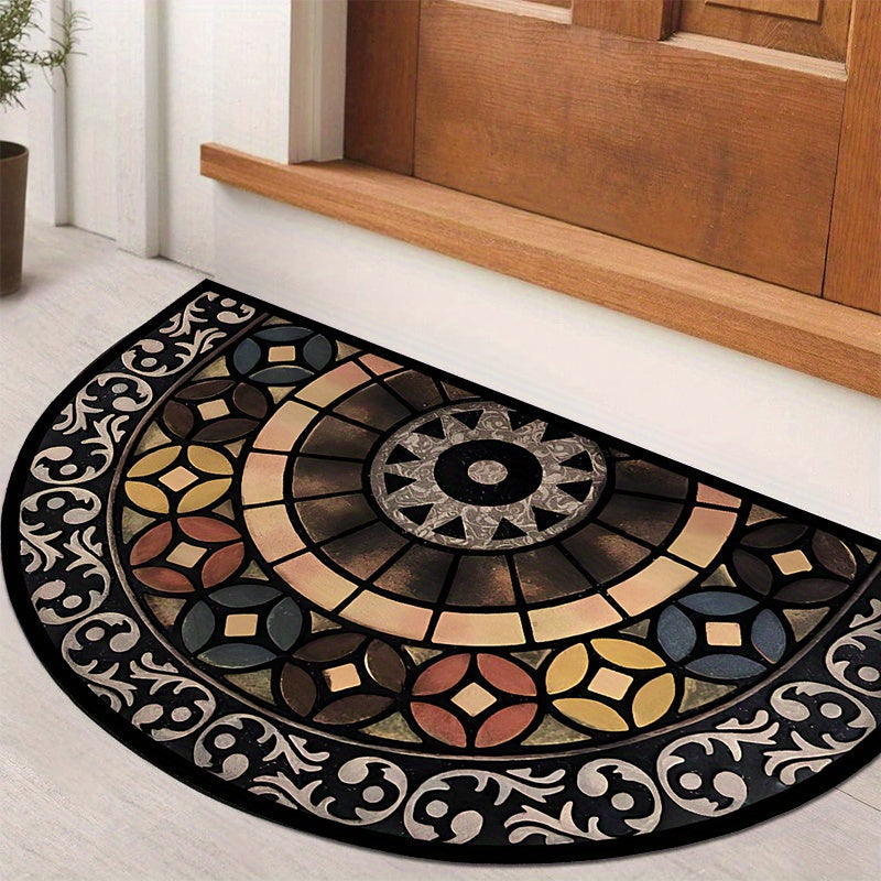 Experimenta la elegancia de esta alfombra vintage de medio círculo para entrada, fabricada con lujoso terciopelo de cristal, con respaldo antideslizante y diseño moderno. Perfecta para añadir un toque de lujo a tu sala de estar, dormitorio o entrada.