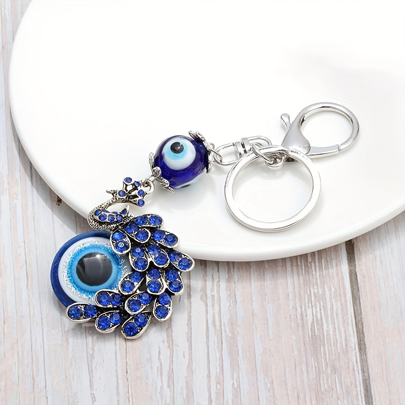 Blue Evil Eye Keychain with Rhinestone Peacock Design Alloy Bag Charm for Women