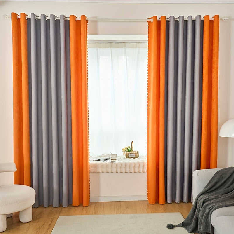 Gray and Orange Jute Patchwork Curtain for Living Room Bedroom 84 Inches